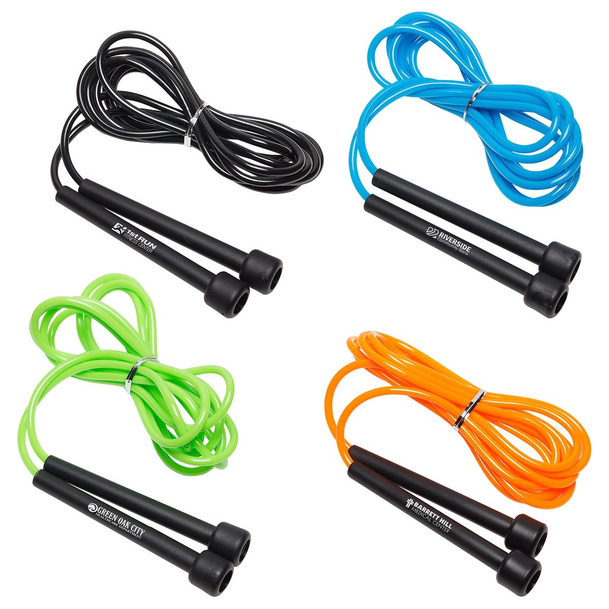 Four PVC skipping ropes in black, blue, green, and orange, featuring black handles and a logo on some. PVC Skipping Rope - Image 1