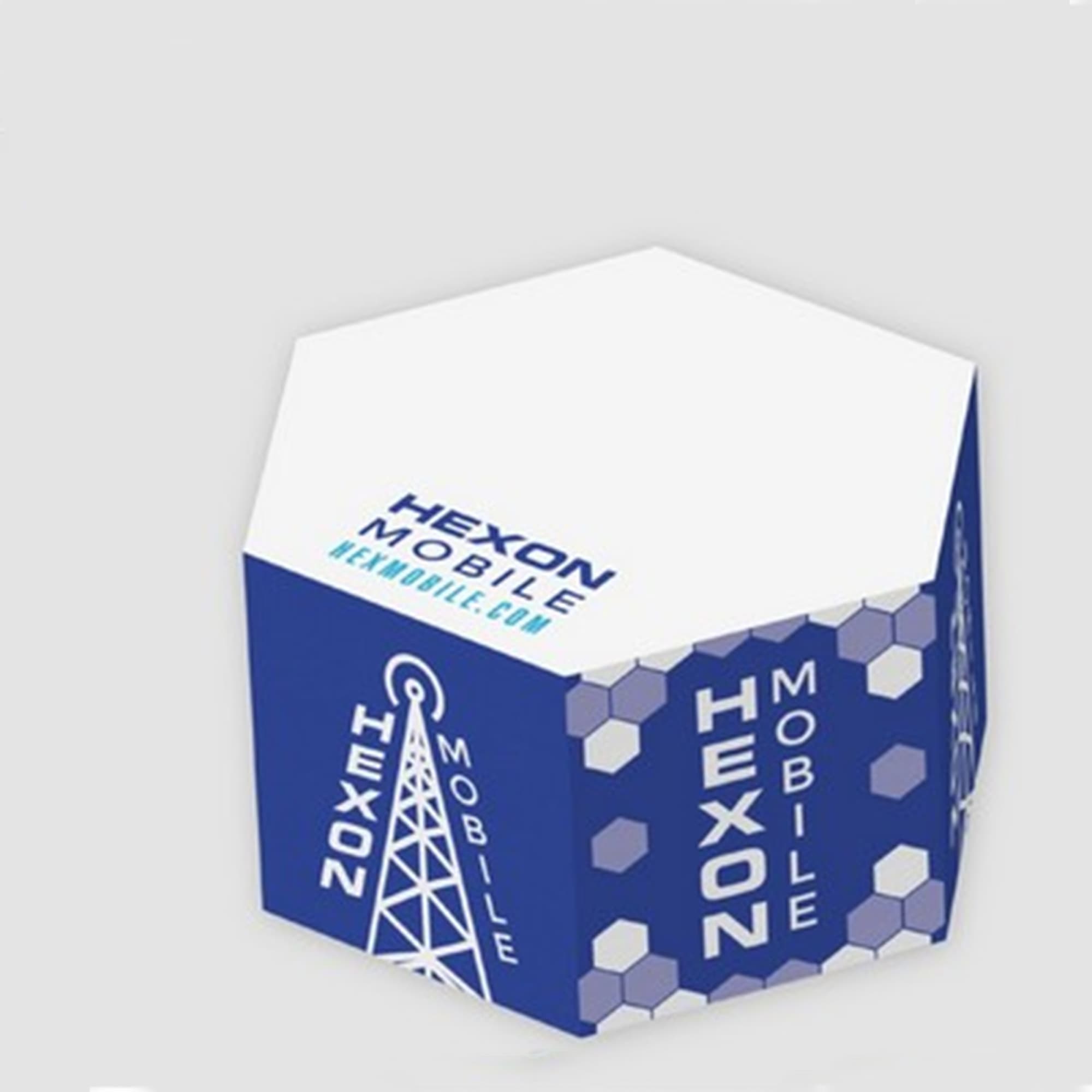 A hexagonal sticky note cube in blue and white, featuring branding and geometric designs. Hexagon Post-it Cube Notes - Image 1