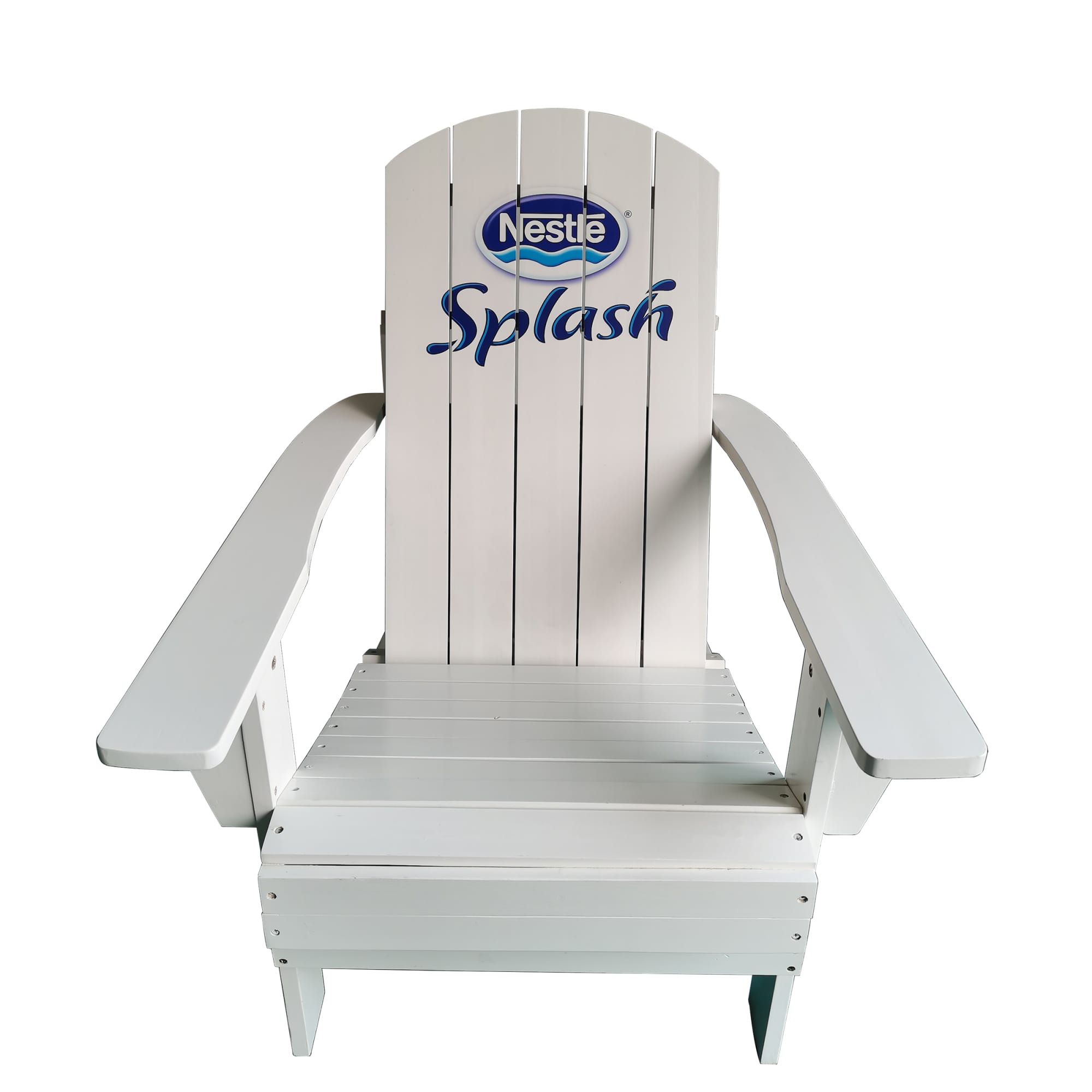 A white Folding Adirondack Chair with a logo on the backrest and wide armrests. Folding Adirondack Chair - Image 1