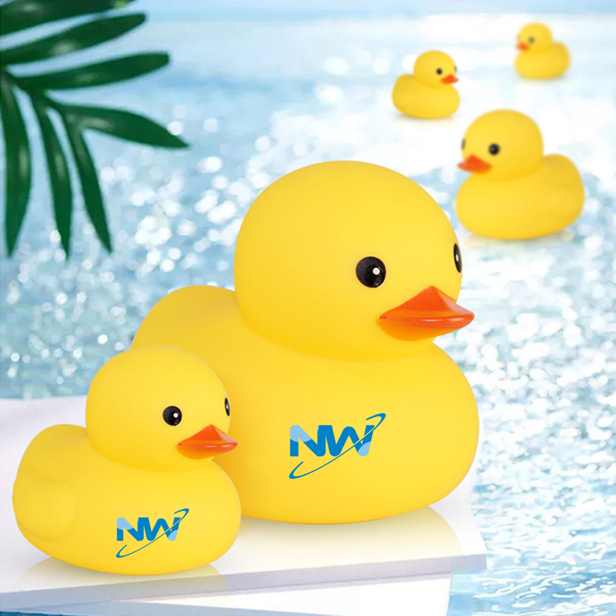A pair of yellow rubber ducks with a logo, floating on a shimmering water surface. PVC Duck - Image 1