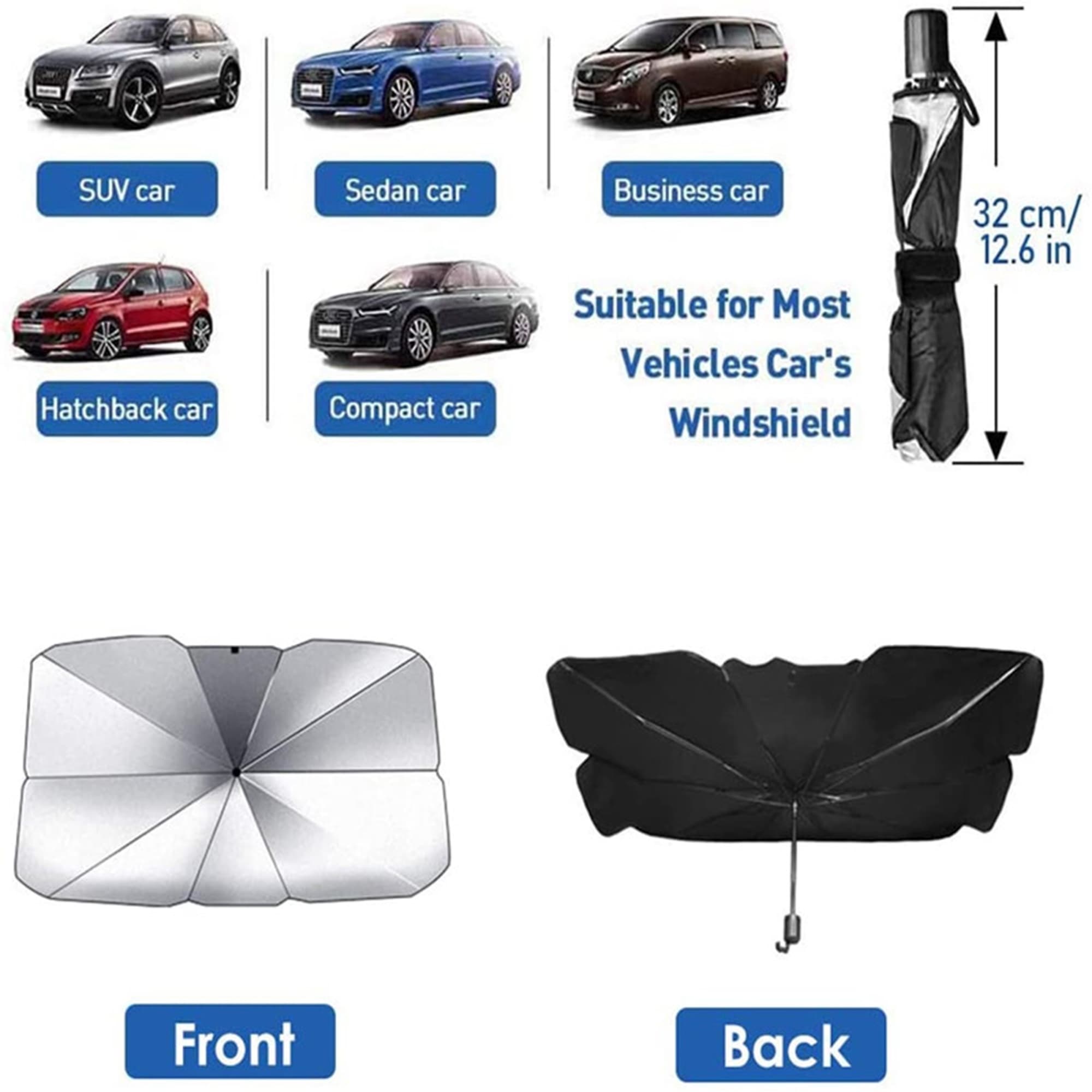A car windshield sunshade in silver and black, featuring a front and back view, suitable for various vehicle types. Car Windshield Sunshade - Image 1