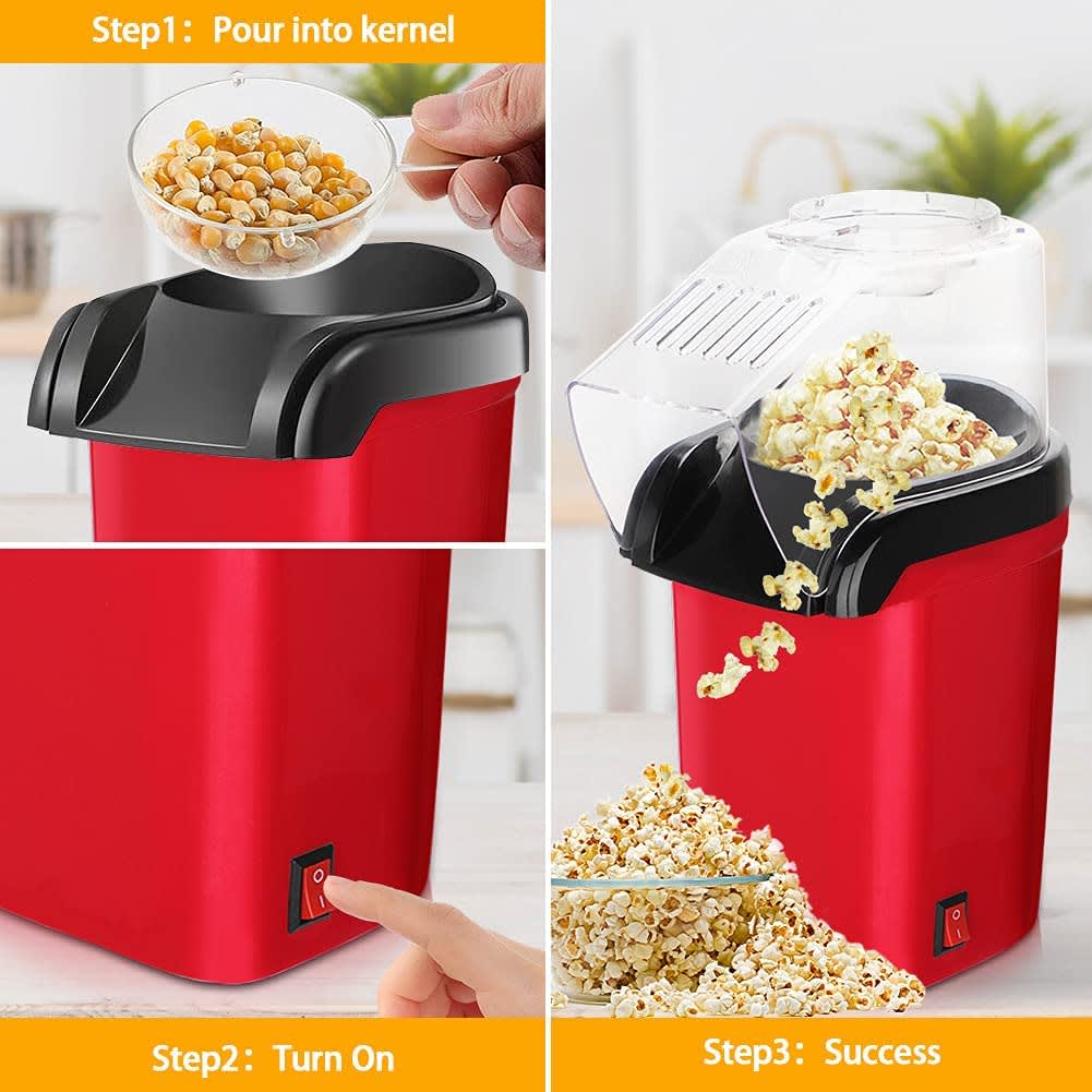A red hot air popcorn maker with a black lid, featuring steps for use and popped popcorn in the display. Hot Air Popcorn Maker - Image 1
