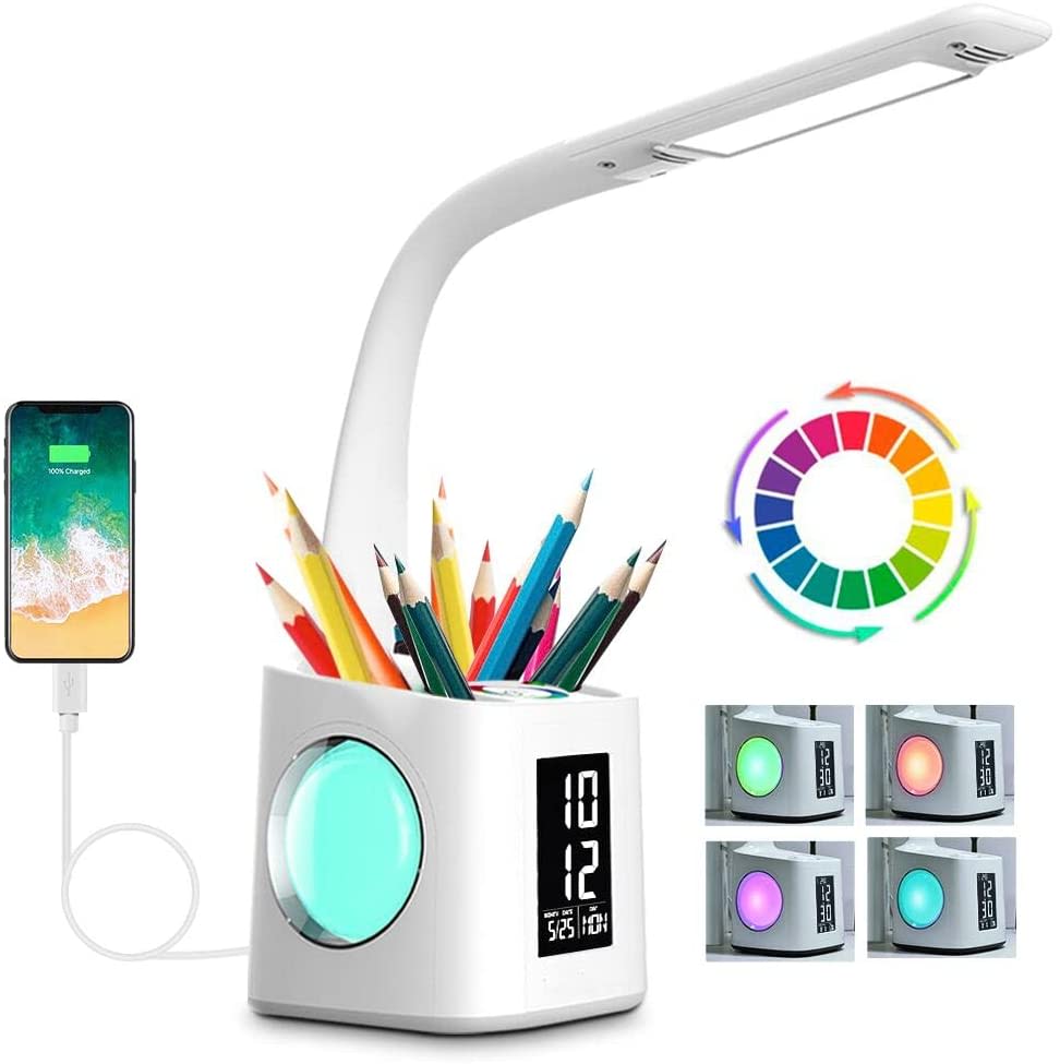 A white study LED desk lamp with a USB charging port, featuring a clock and a holder for colourful pencils. Study LED Desk Lamp with USB Charging port - Image 1