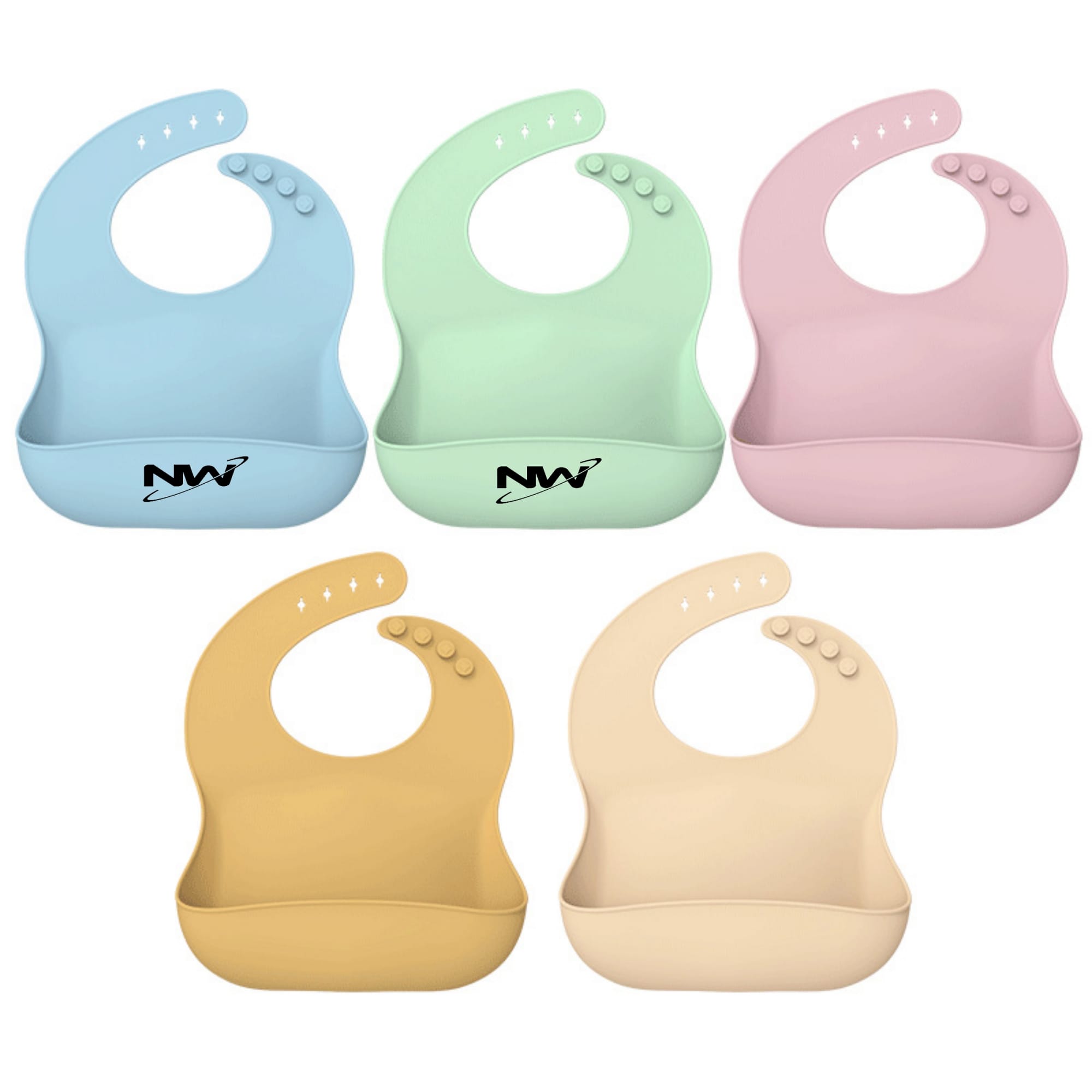 A set of silicone baby bibs in blue, mint green, pink, yellow, and cream, each with a logo. Silicone Baby Bib - Image 1
