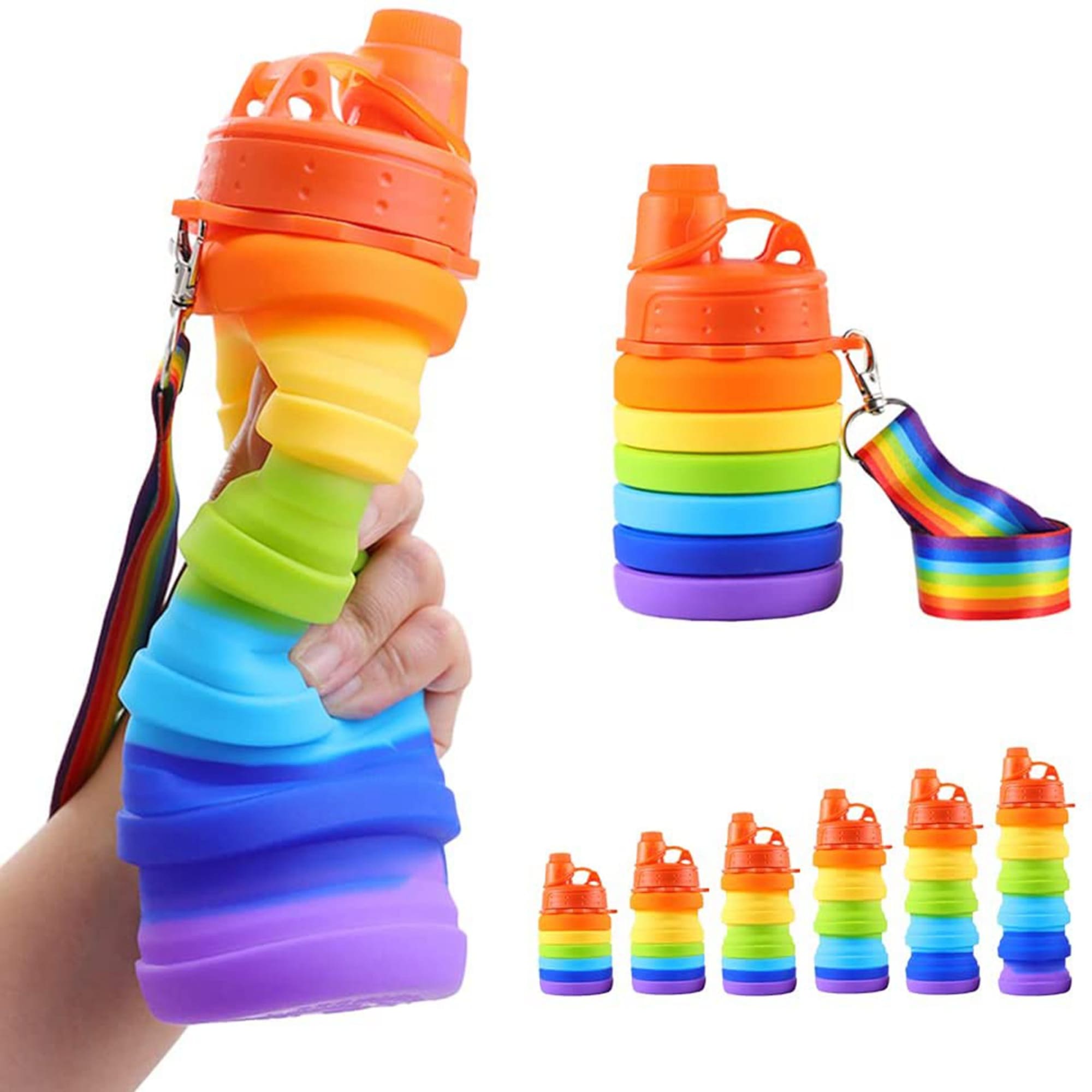 A drink bottle in rainbow colours with a twist design, featuring an orange cap and a strap. It has a logo. Silicone Folding Bottle - Image 1
