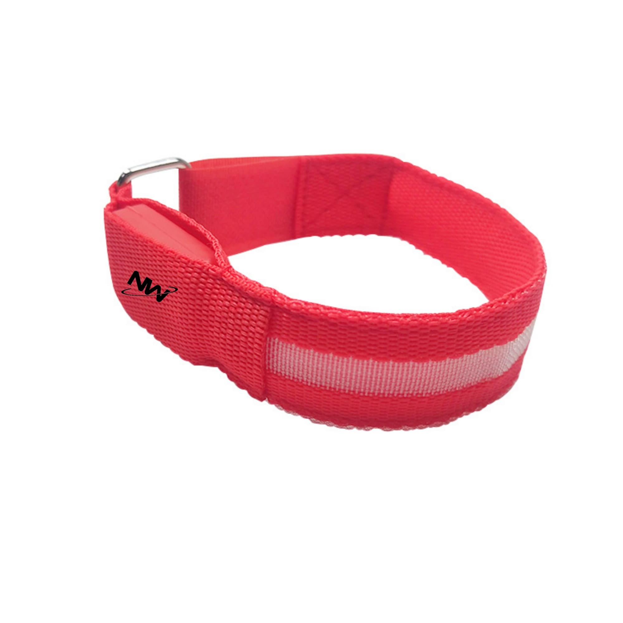 A red LED bracelet with a reflective strip and an adjustable buckle. The product includes a logo. LED Bracelets - Image 1