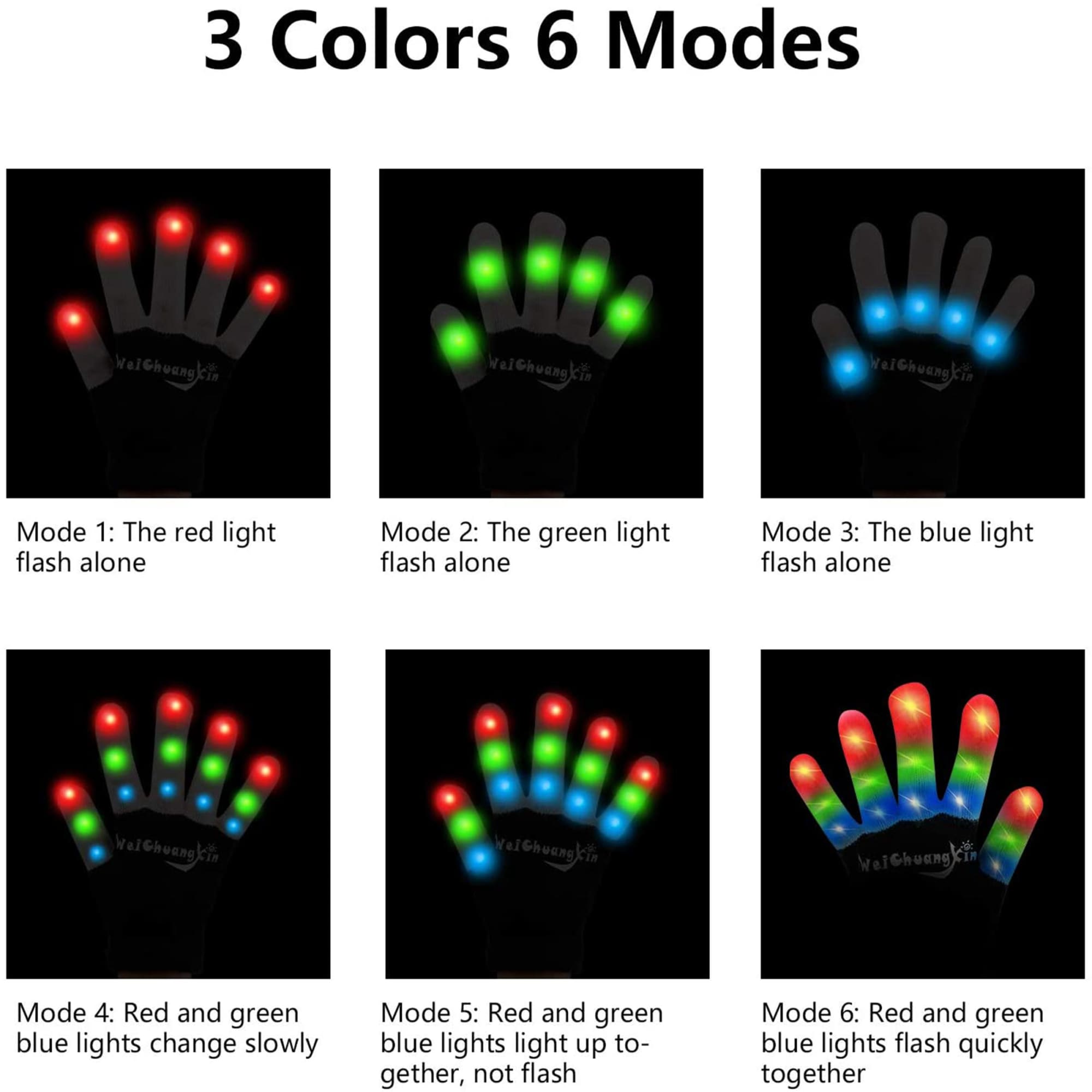 LED gloves featuring three colours: red, green, and blue. Six lighting modes are displayed on a black background. LED Gloves - Image 1