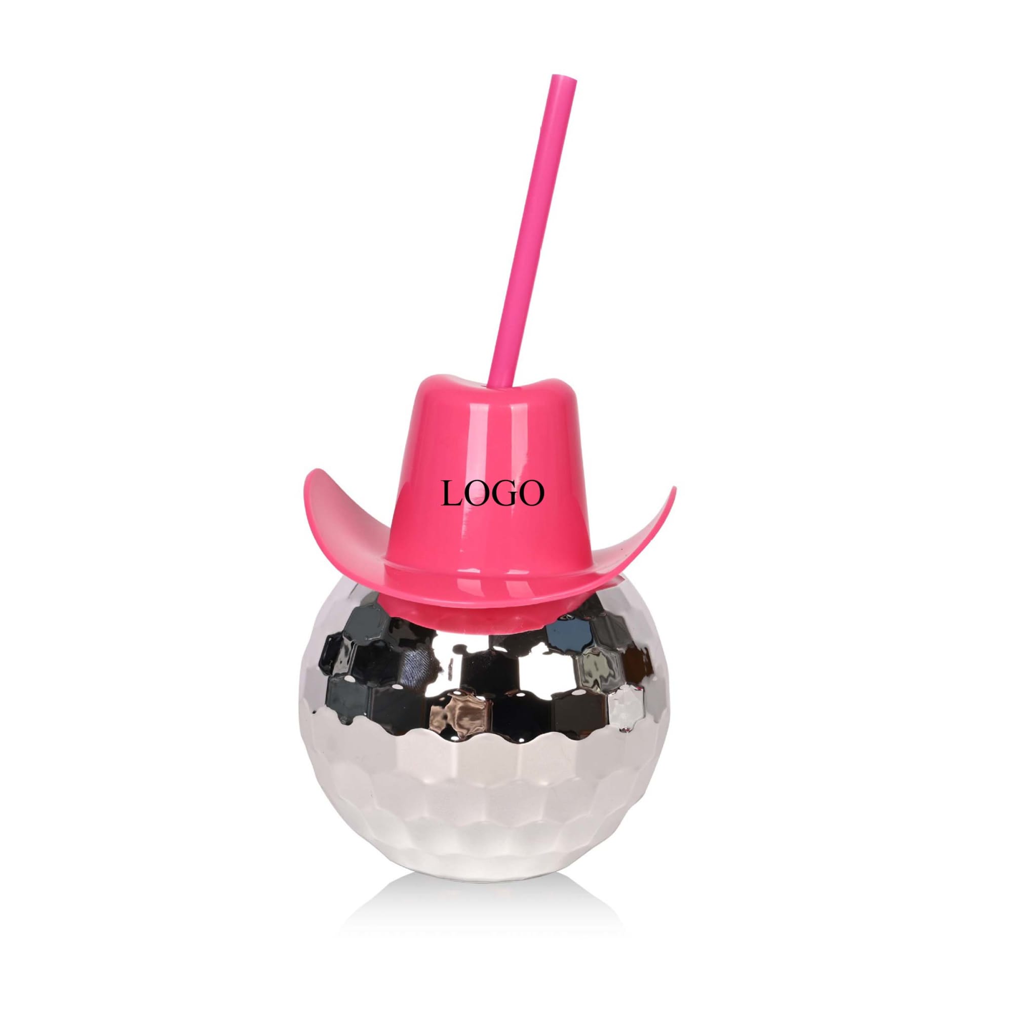 A drink bottle shaped like a disco ball with a pink cowboy hat and a pink straw. It features a logo. Disco Cowboy Hat Cup - Image 1