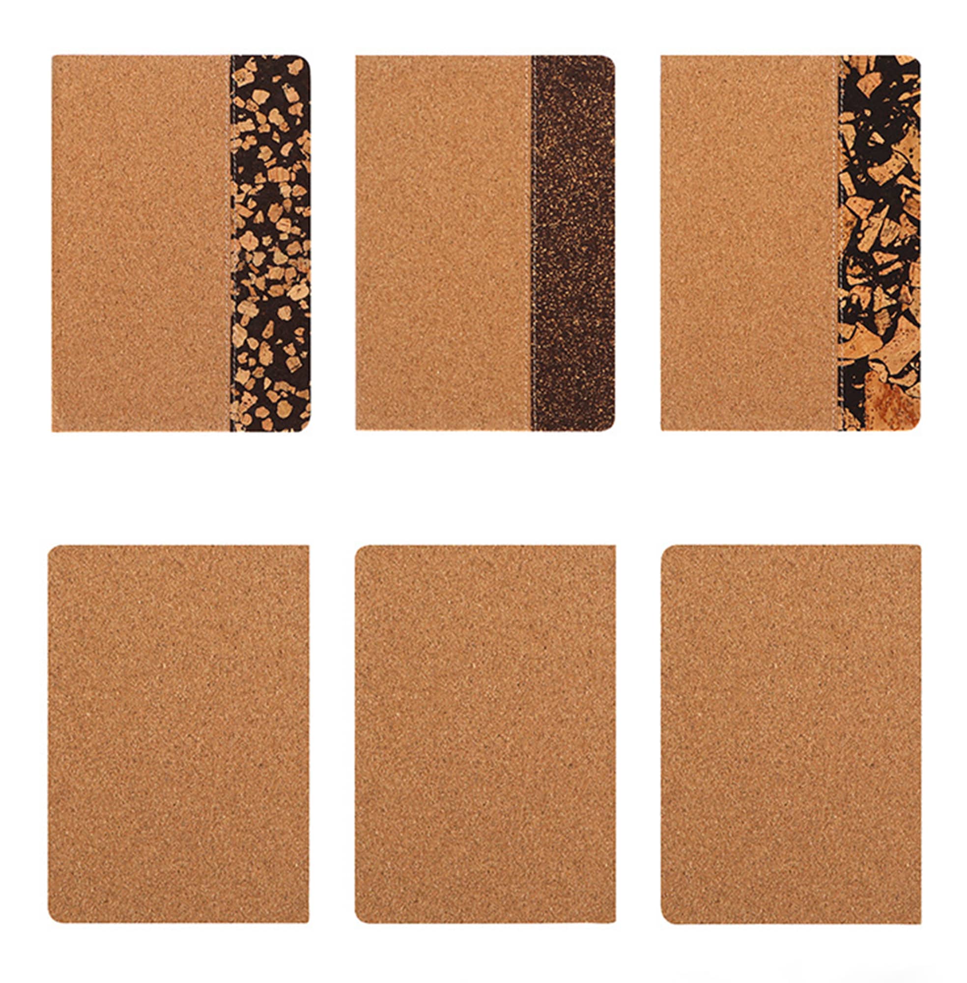 A set of eco-friendly notebooks in various designs, featuring natural cork covers in shades of brown and black. Eco Coffee Grounds Notebook - Image 1