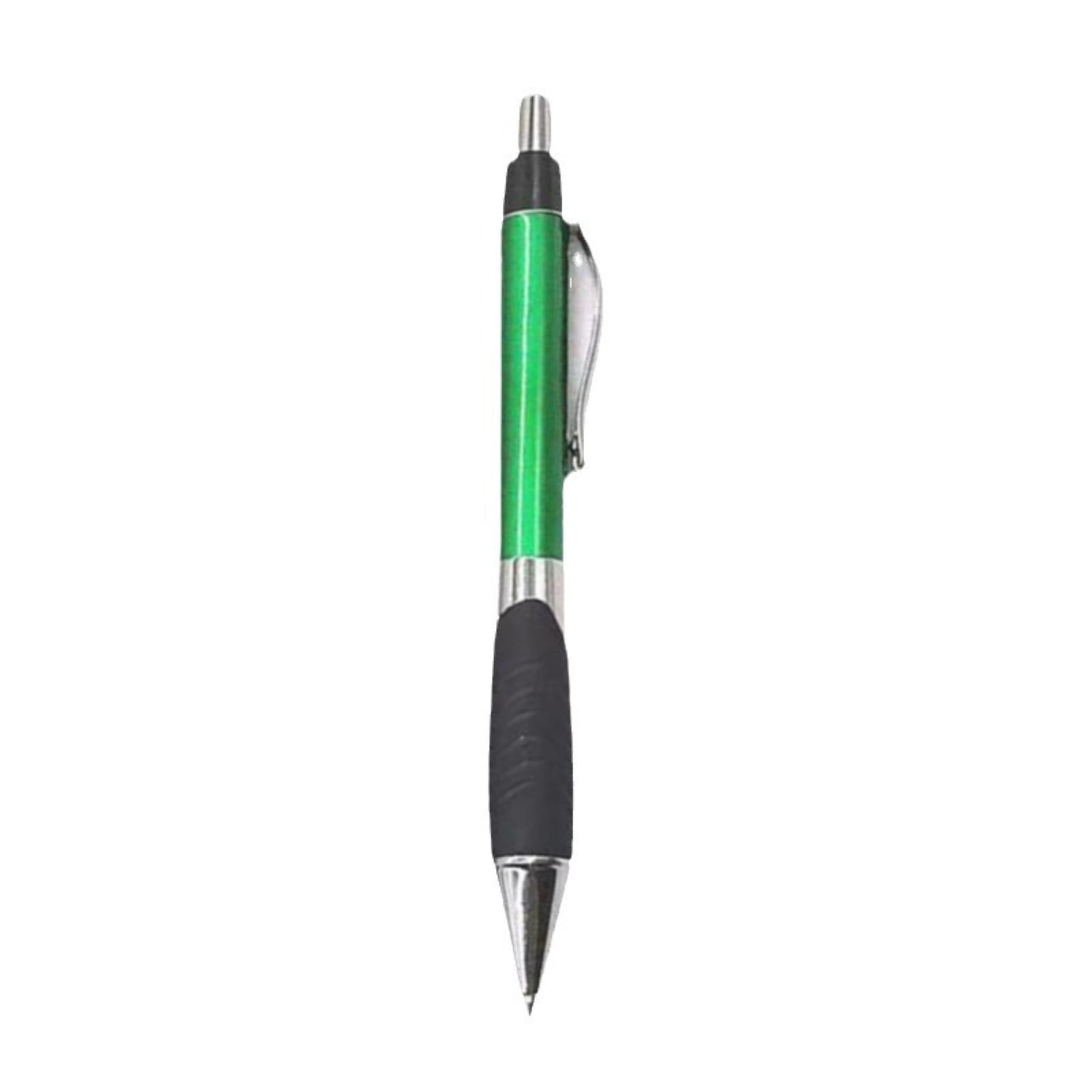 A green plastic pen with a silver clip and a textured black grip. It features a logo branding on the barrel. Wolverine Pen - Image 1
