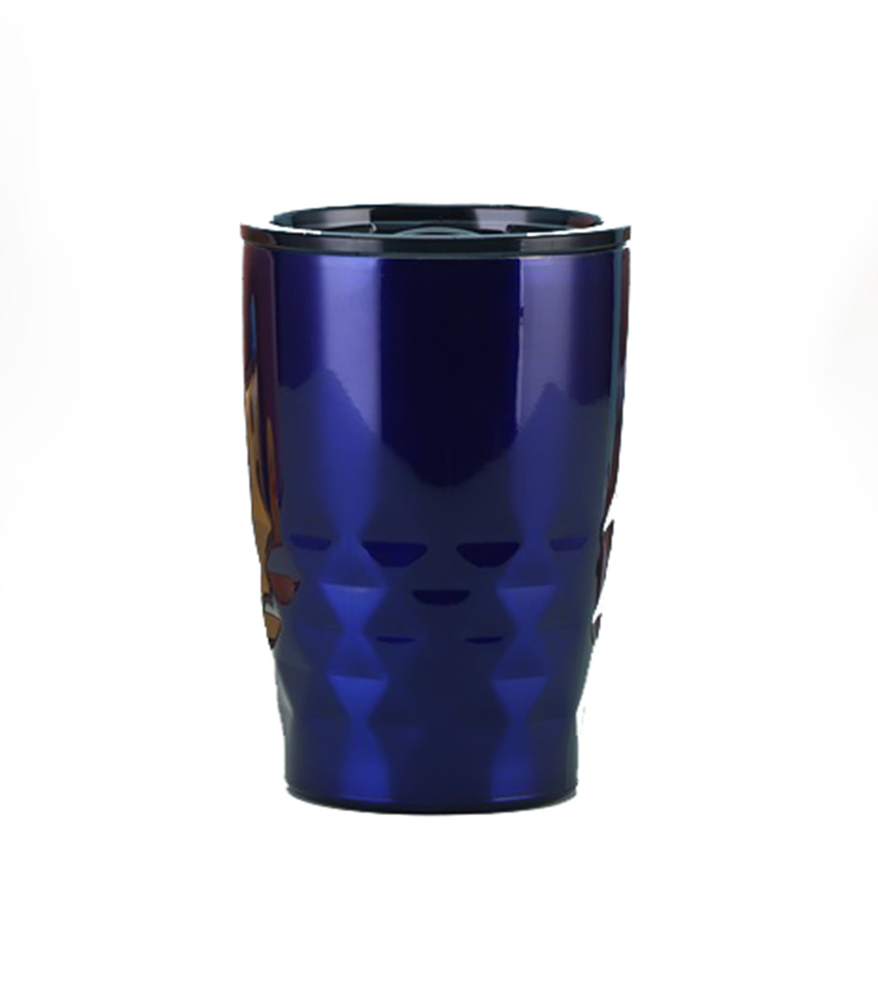 A drink bottle featuring a shiny deep blue finish and a textured, modern design. Includes a black lid. 11 oz. Travel Tumbler - Image 1