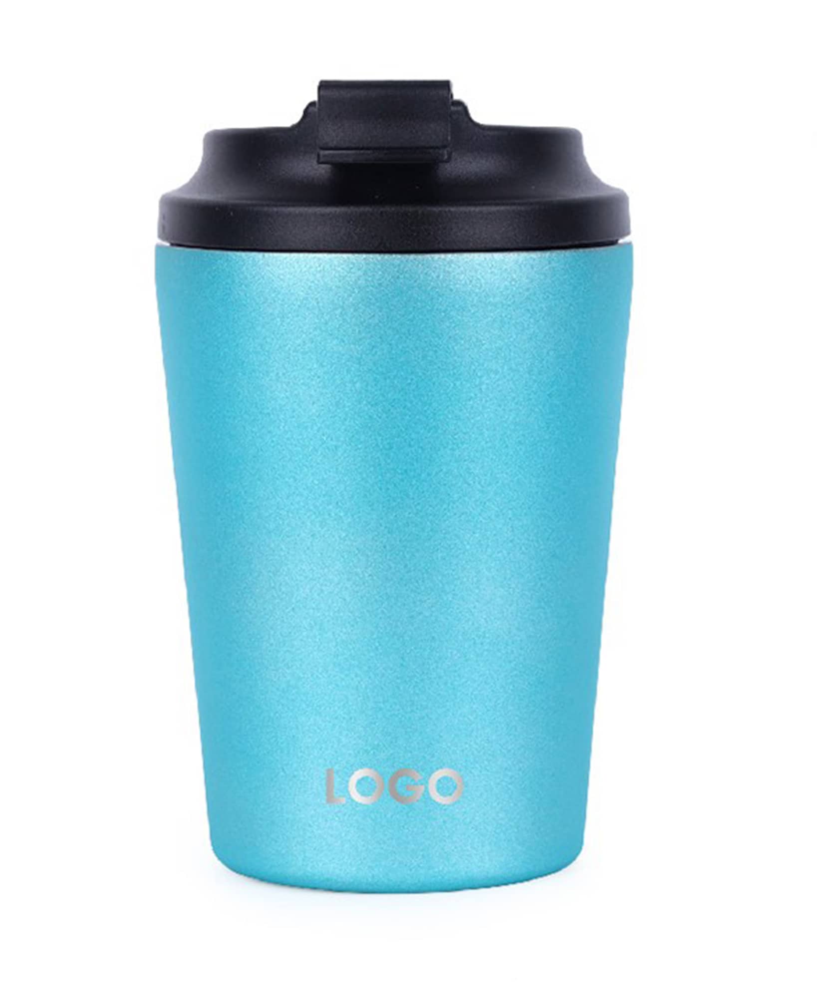 A drink bottle with a bright blue exterior, a black lid, and a branding logo on the front. 12 oz. Coffee Tumbler - Image 1