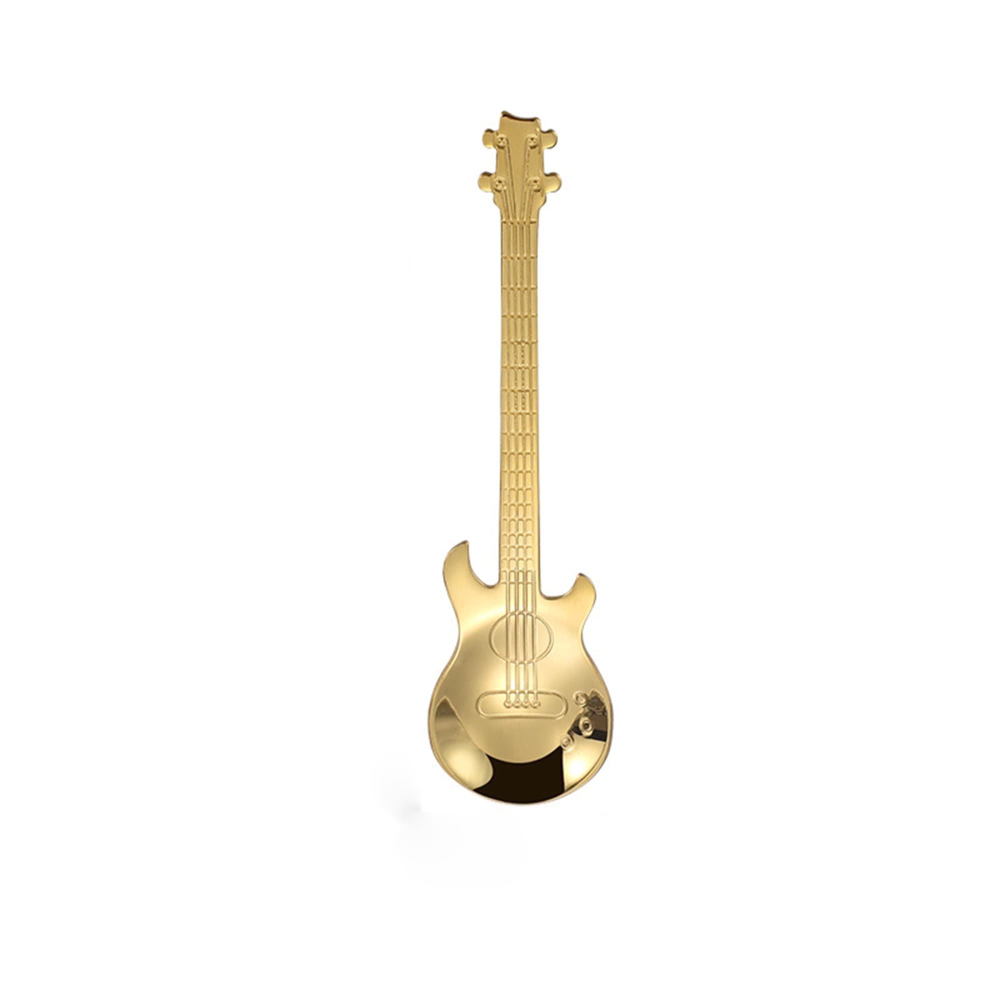 A gold guitar-shaped spoon with detailed design features and a logo on the surface. Guitar Shape Spoon - Image 1