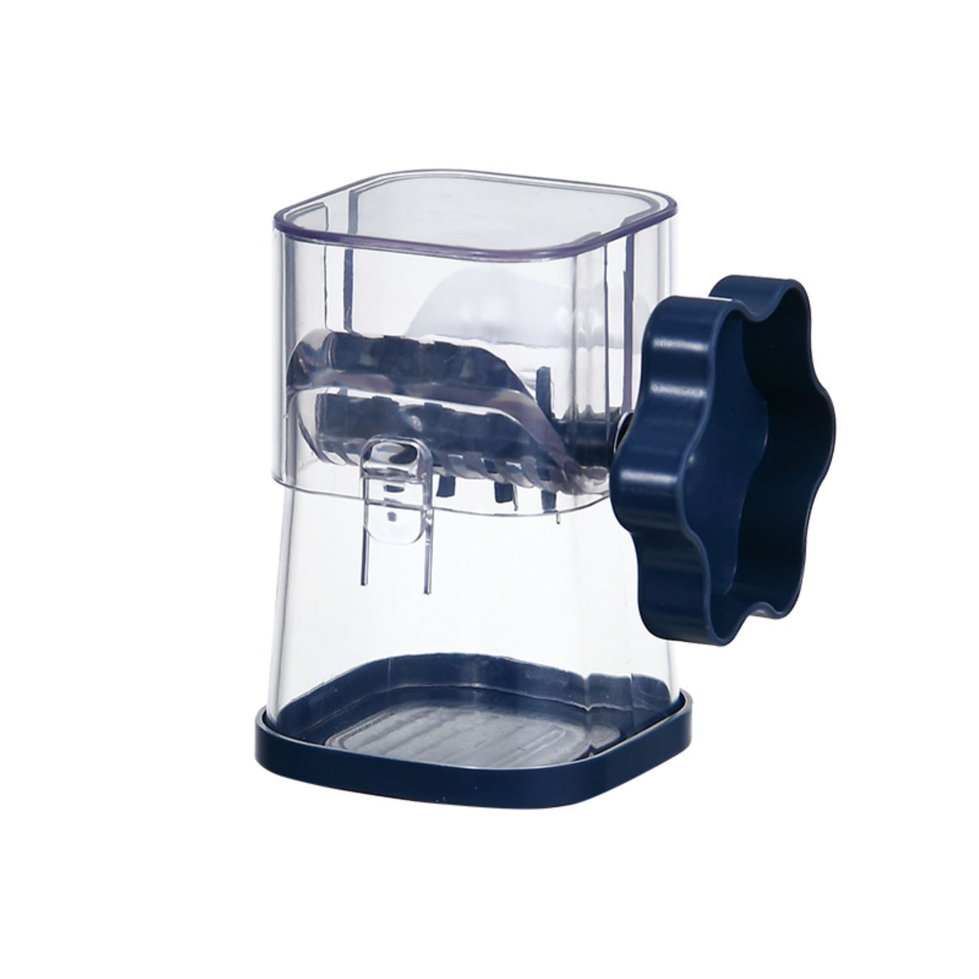A manual mashing and grinder featuring a transparent body and a navy blue handle in a flower shape. Manual mashing and grinder - Image 1