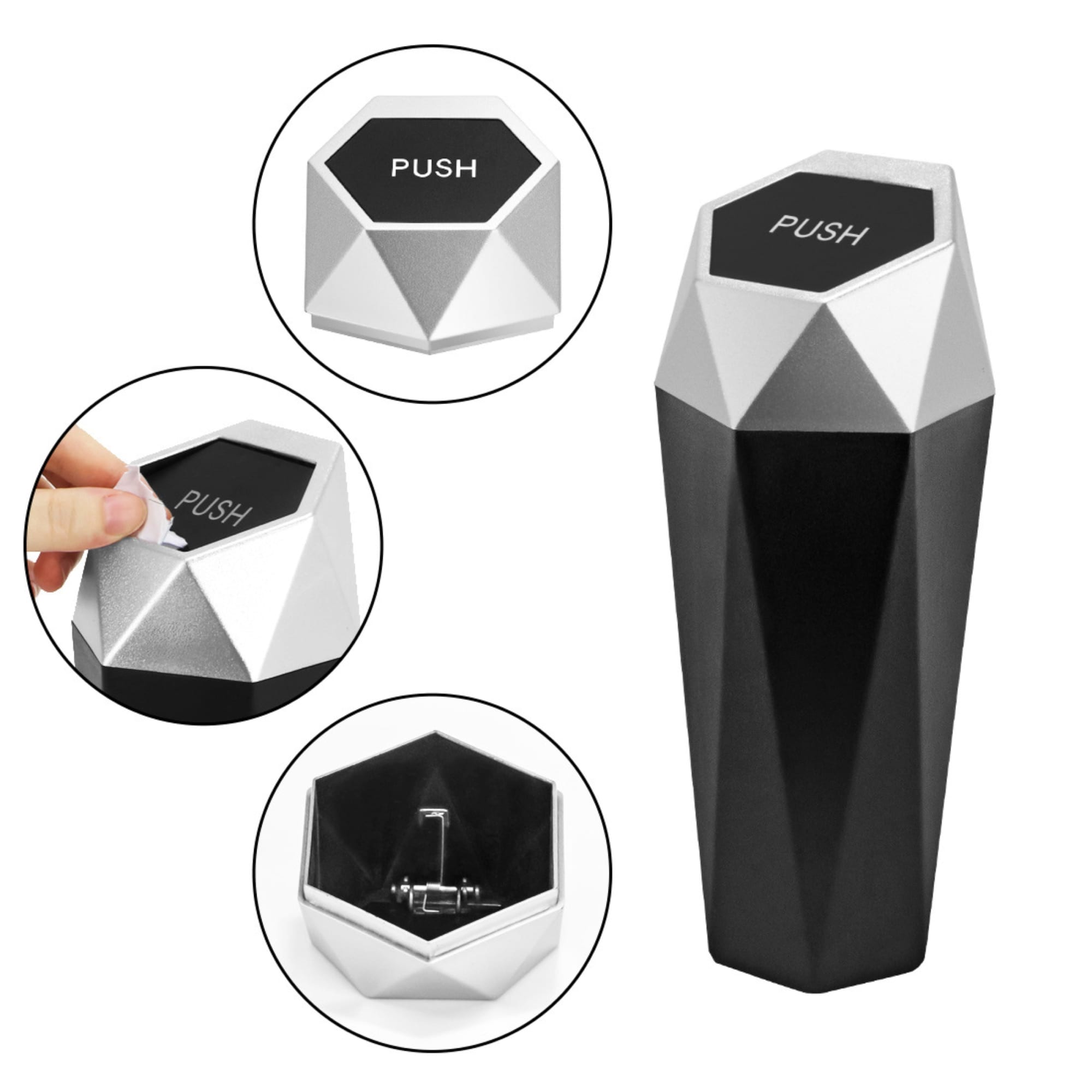 A black and silver geometric trash can with a push lid and interior compartment. It features a logo on top. Car Trash Can - Image 1