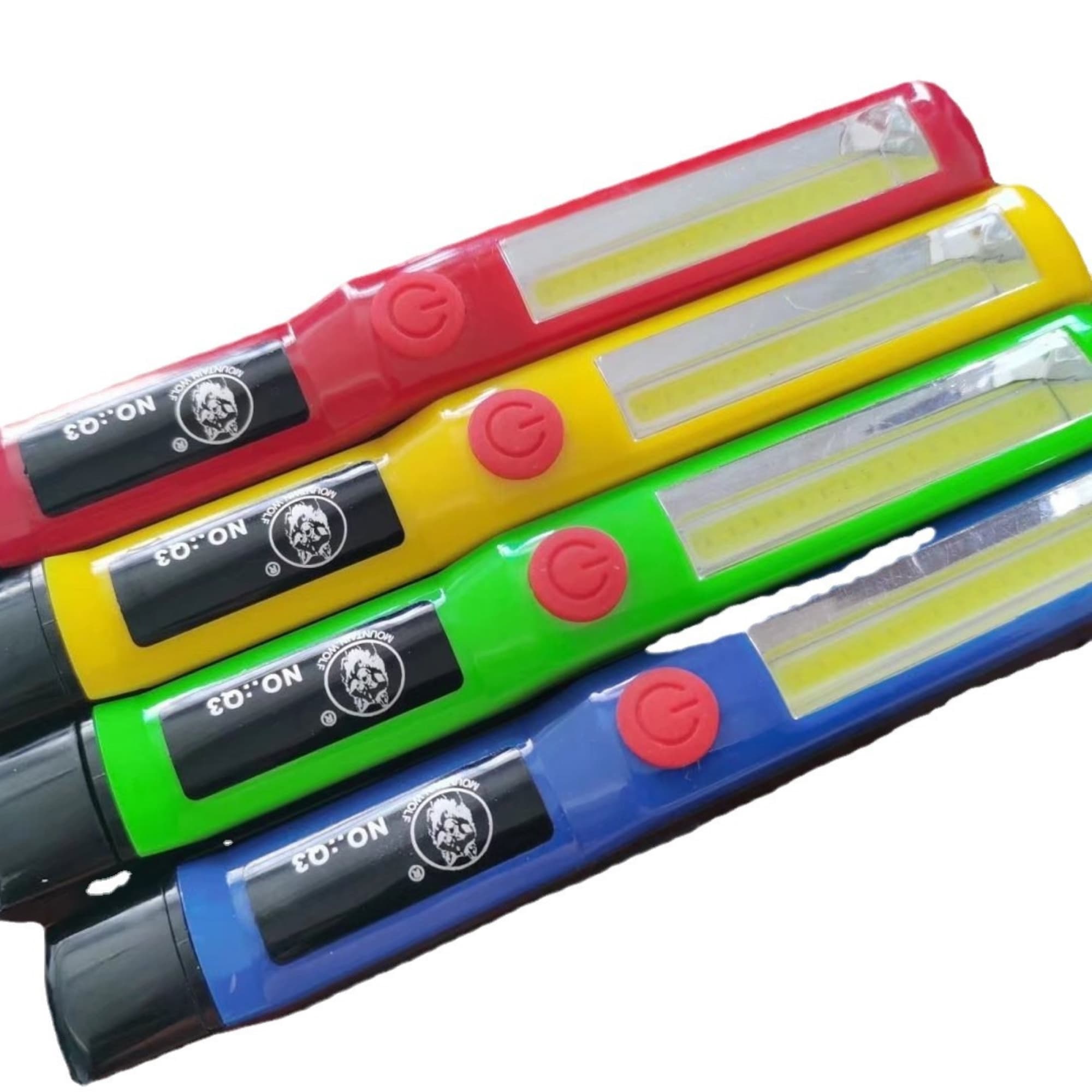 Four Cob work lights in red, yellow, green, and blue, each featuring a button and a branding logo. Cob Work Light - Image 1