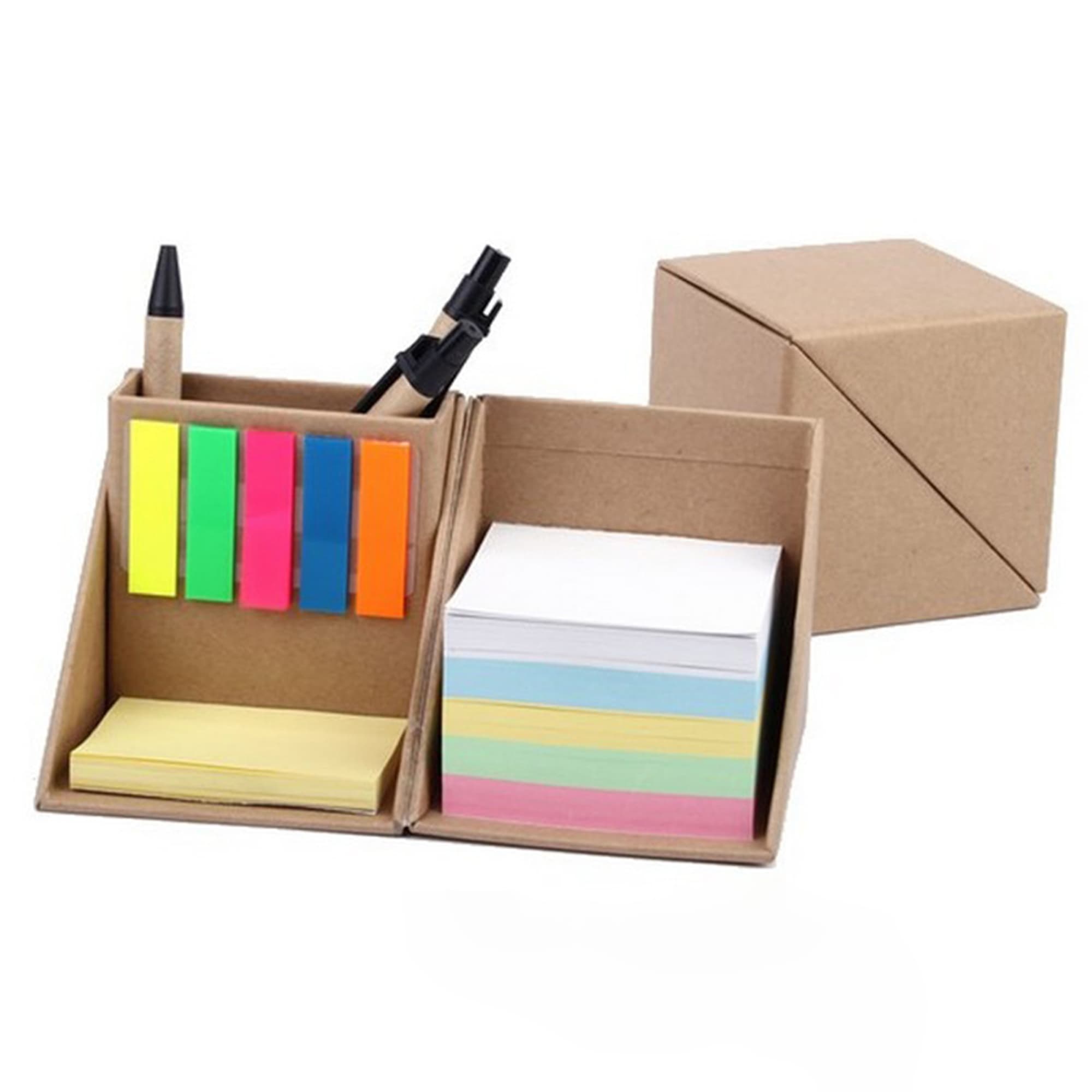 A desk organiser with coloured sticky notes, highlighters, and pens in a brown cardboard holder. Office Buddy Cube - Image 1