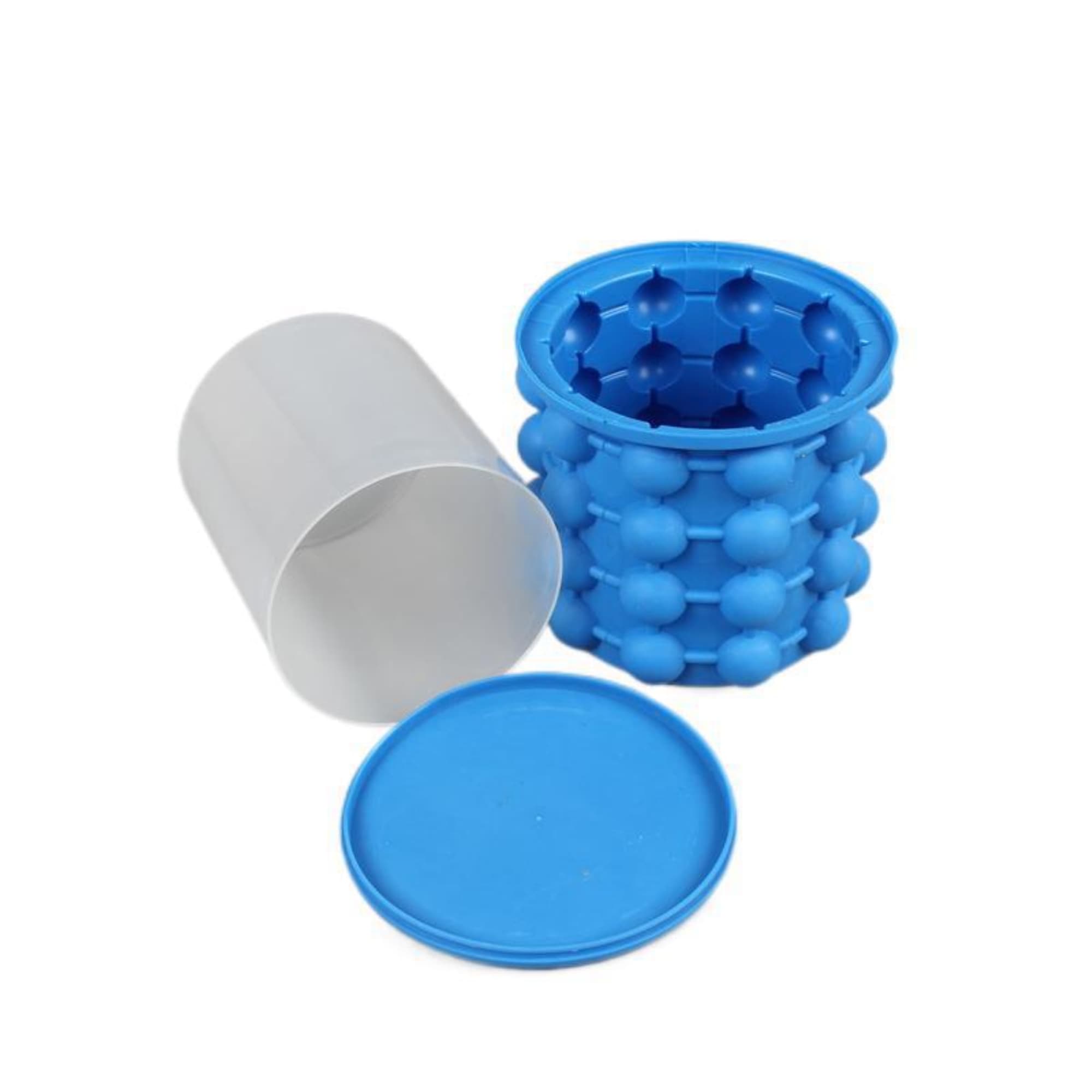 A blue silicone ice cube maker and bucket, featuring a lid and a removable inner container for ice cube formation. Silicone Ice Cube Maker & Bucket - Image 1