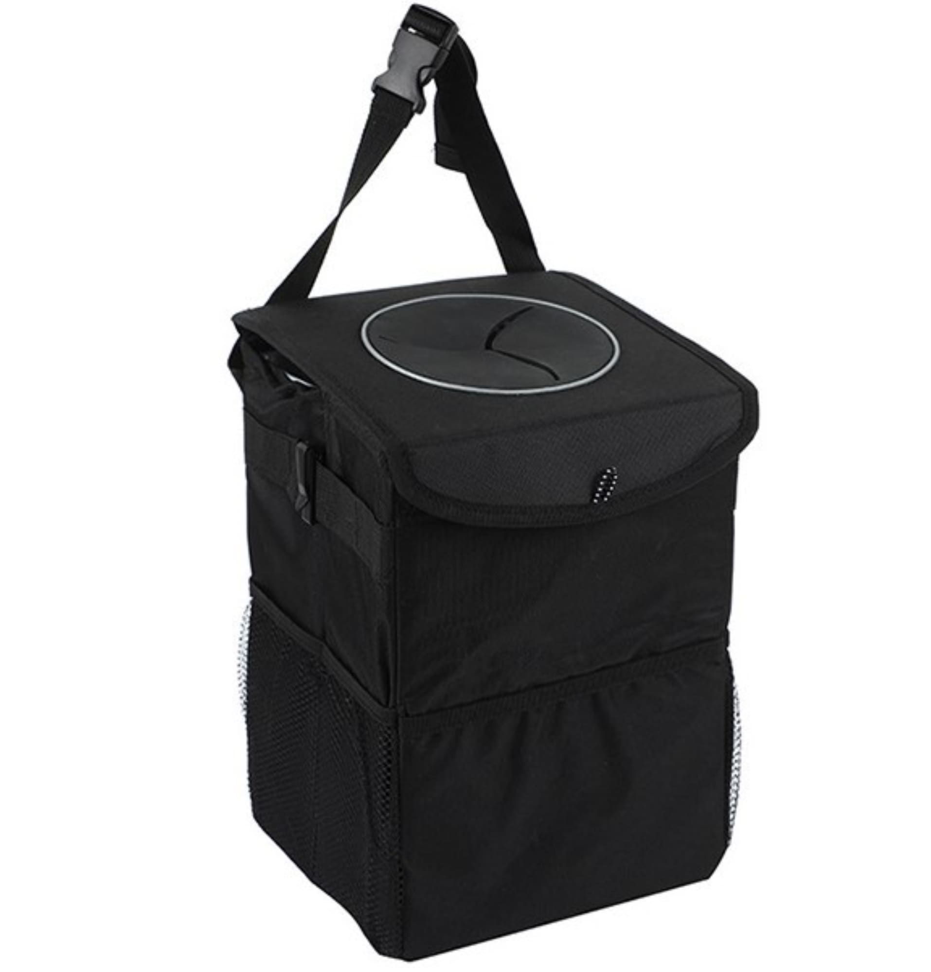 A foldable black car trash can with a lid, carrying handle, and side mesh pockets for storage. Foldable Car Trash Can - Image 1