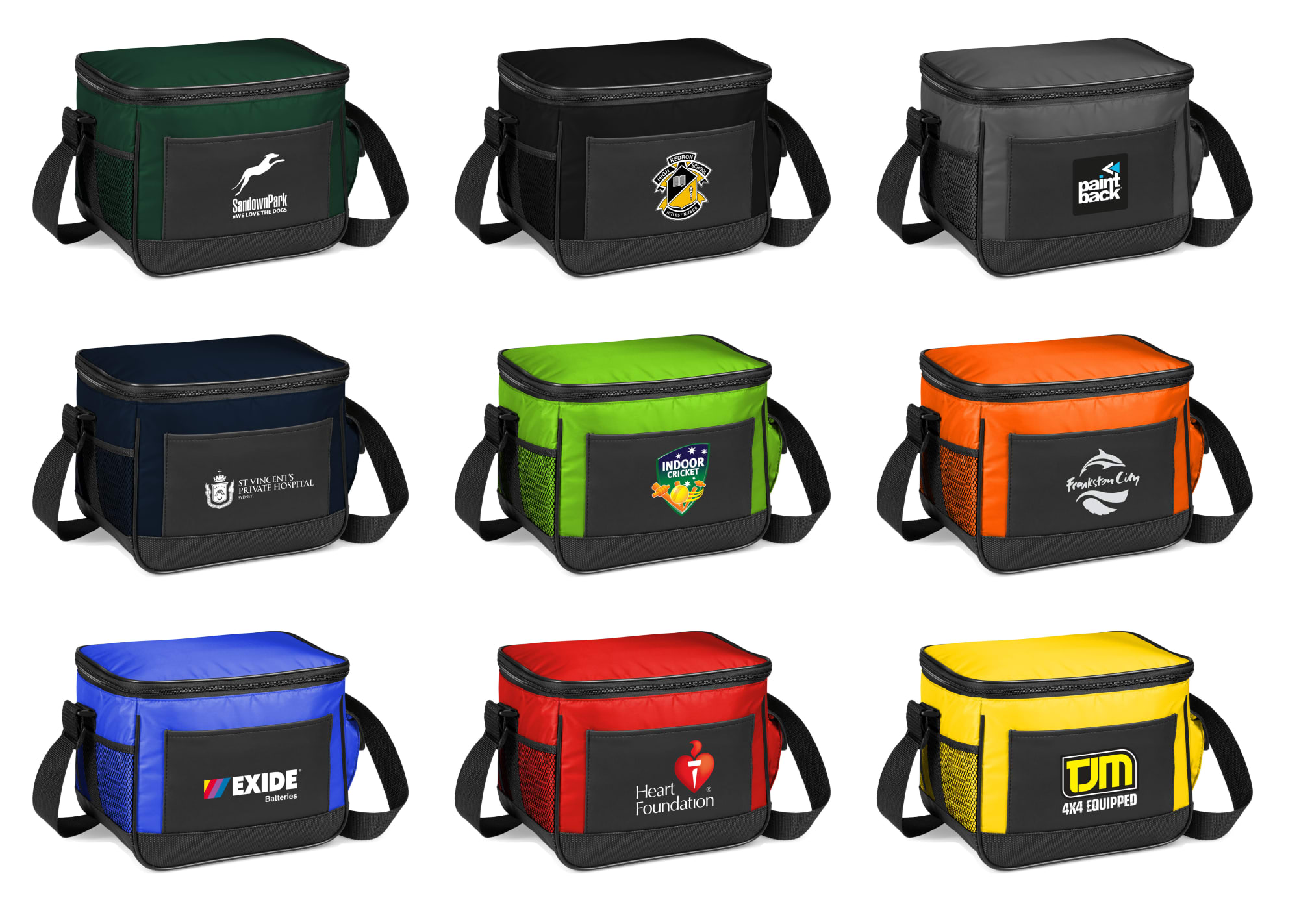 A collection of eight cooler bags in various colours, each with a logo and a detachable strap. Frostbite Cooler Bag - Image 1