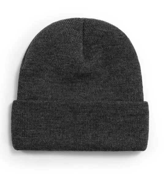 A dark grey knitted acrylic beanie with a folded cuff, featuring a logo on the side. Warm Knitted Acrylic Beanie - Image 1