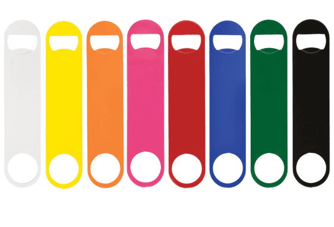 A drink bottle opener in various colours including white, yellow, orange, pink, red, blue, green, and black, with a logo. Paddle Style Powder Coated Steel Bottle Opener - Image 1