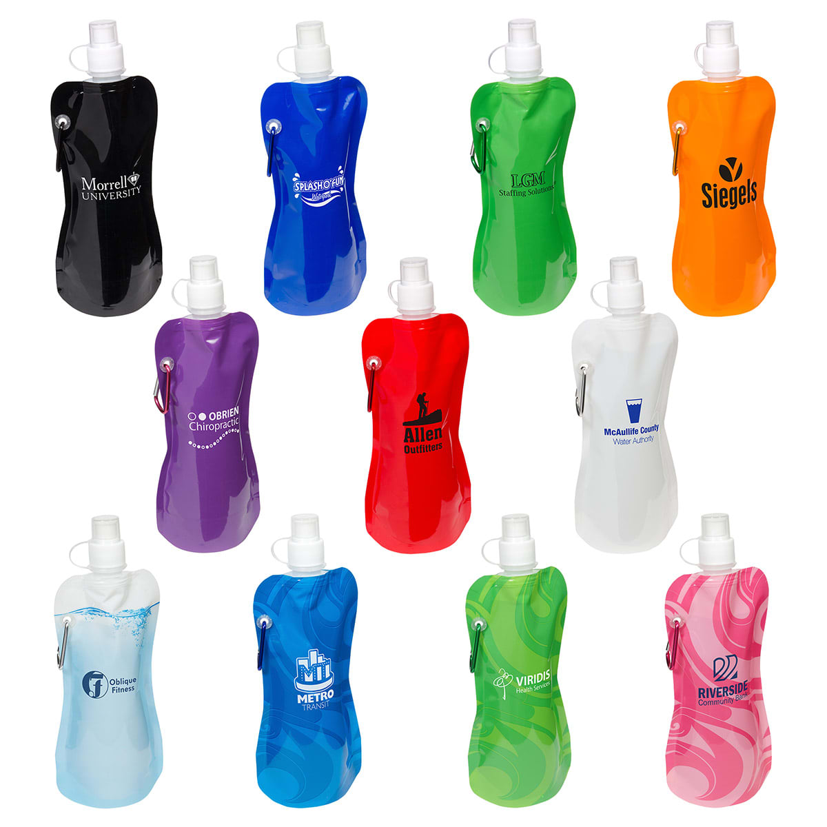 A drink bottle collection featuring various colours, each with a unique design and a carabiner attachment. Flex Water Bottle With Carabiner - Image 1