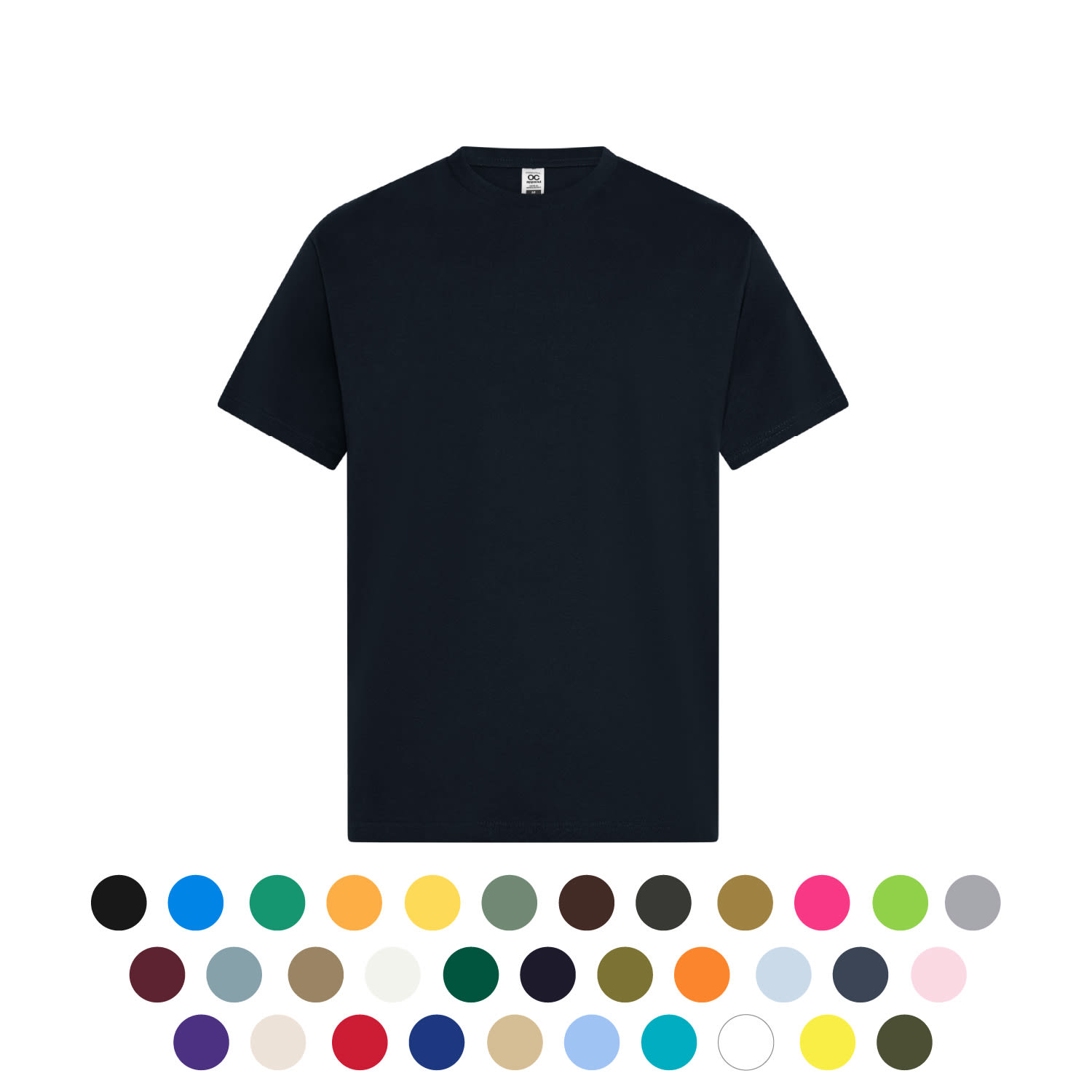 A black t-shirt displayed on a plain background, with a variety of colour options shown below. Men Essential Tees - Image 1