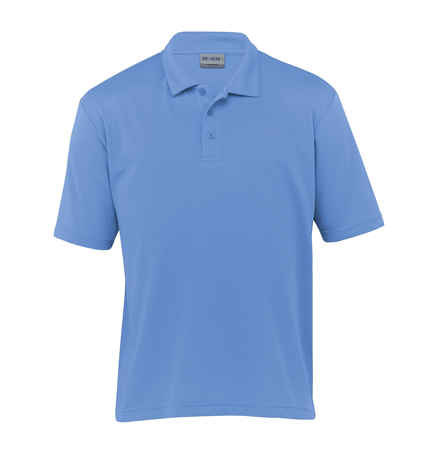 Light blue polo shirt for men, featuring a collar and three buttons, with a logo on the chest. Dri Gear Ottoman Lite Polo - Mens - Image 1