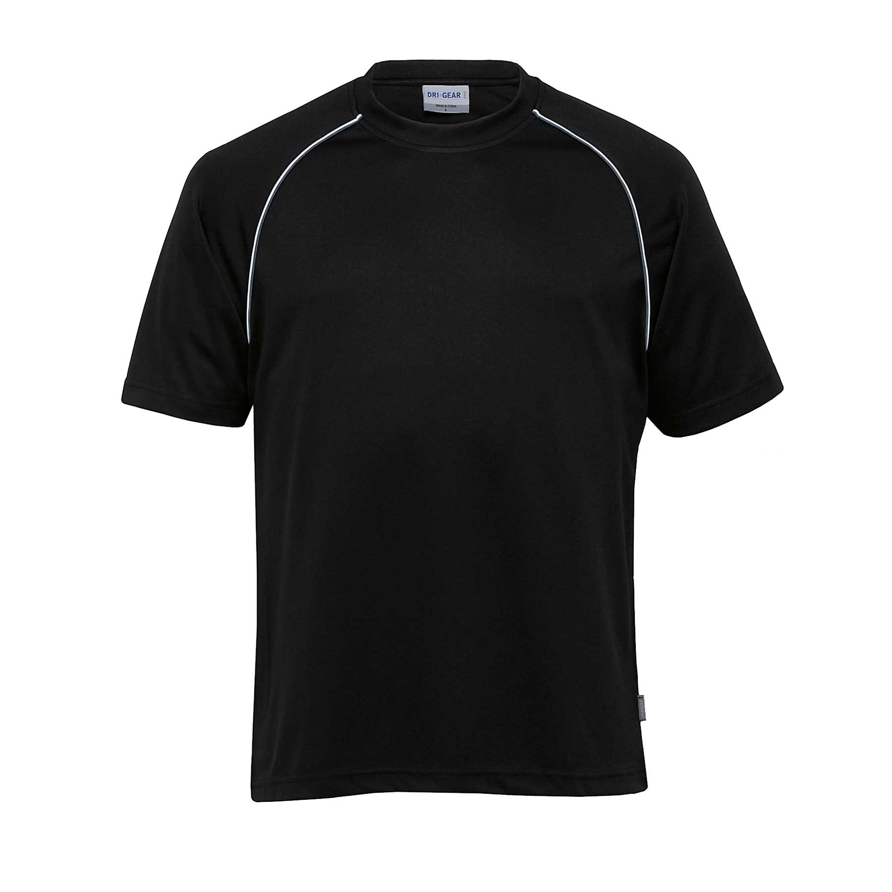 A black short-sleeve T-shirt with contrast piping and a logo on the label. Dri Gear Twin Piped Tee - Image 1