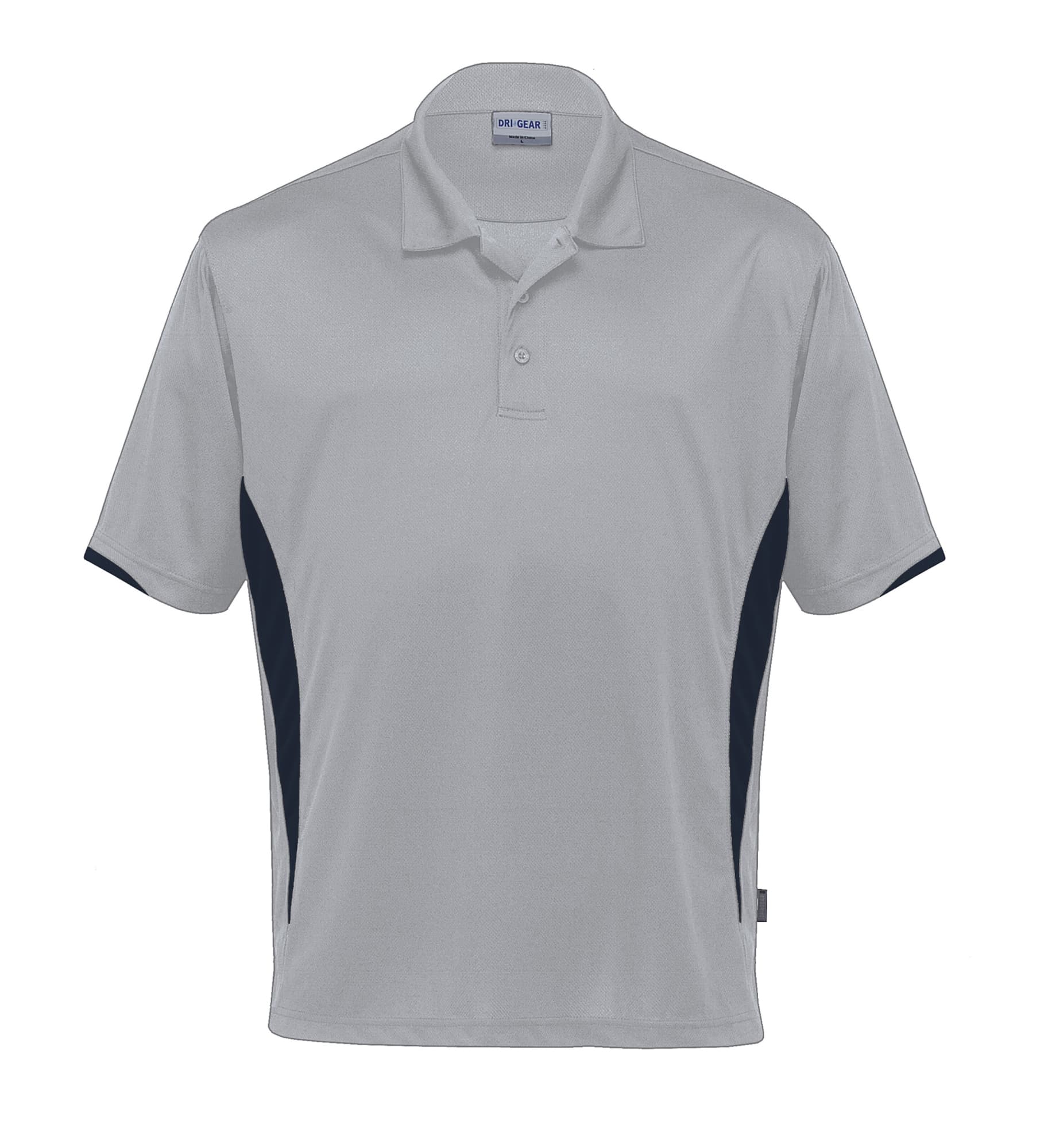 A light grey polo shirt with navy side panels and a collar, featuring a logo on the chest area. Dri Gear Zone Polo - Image 1