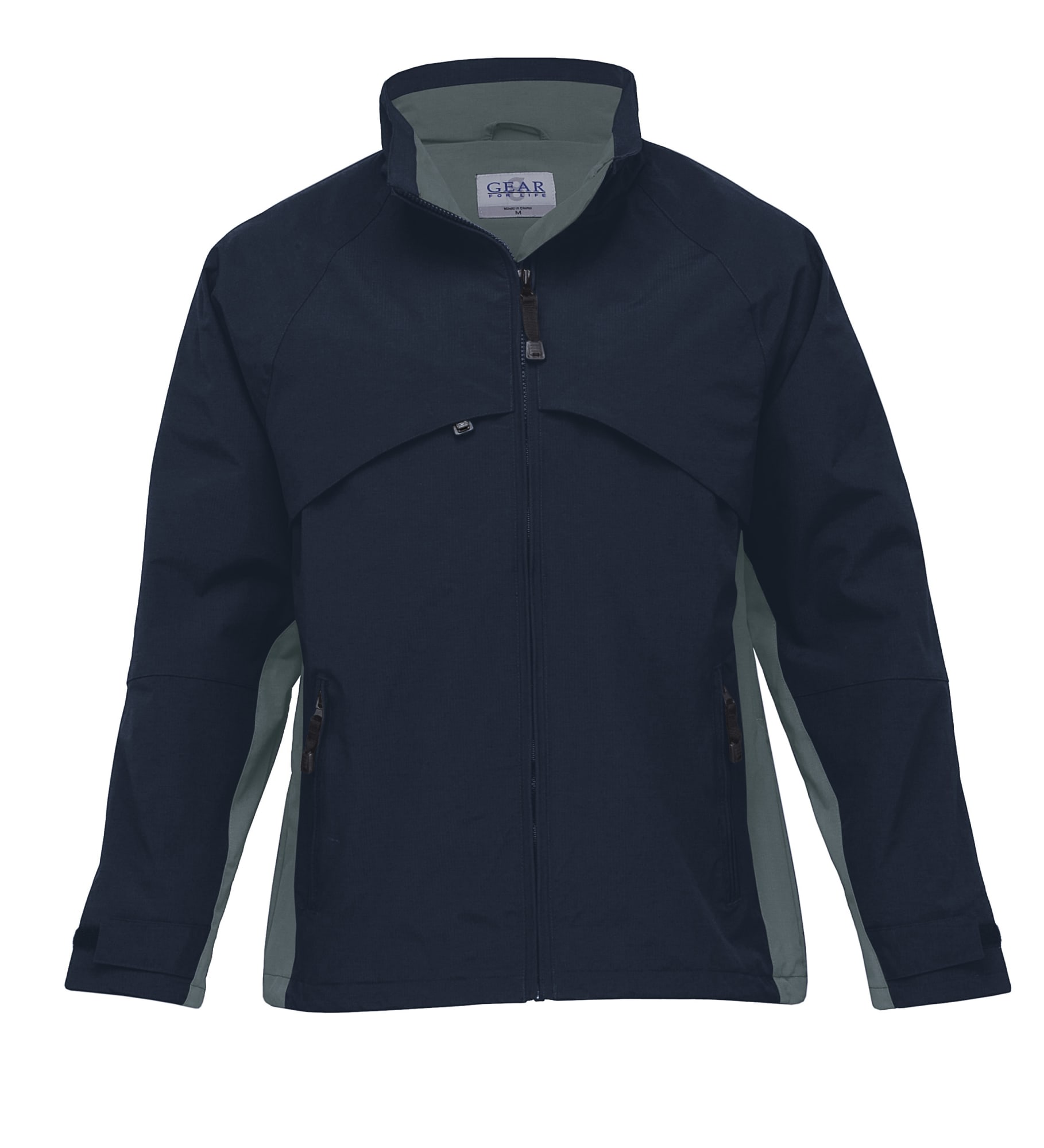 A navy and grey soft shell jacket featuring a zip front, a high collar, and side pockets. It includes a logo on the chest. Gravity Jacket - Image 1