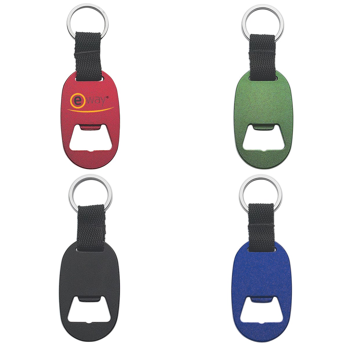 A drink bottle opener keyring in red, green, black, and blue, featuring a circular keyring and a logo. Metal Keyring With Bottle Opener - Image 1