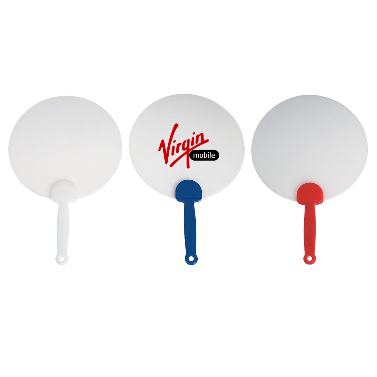 Three plastic hand fans in white, blue, and red, featuring a logo on one of them. Plastic Hand Fan - Image 1