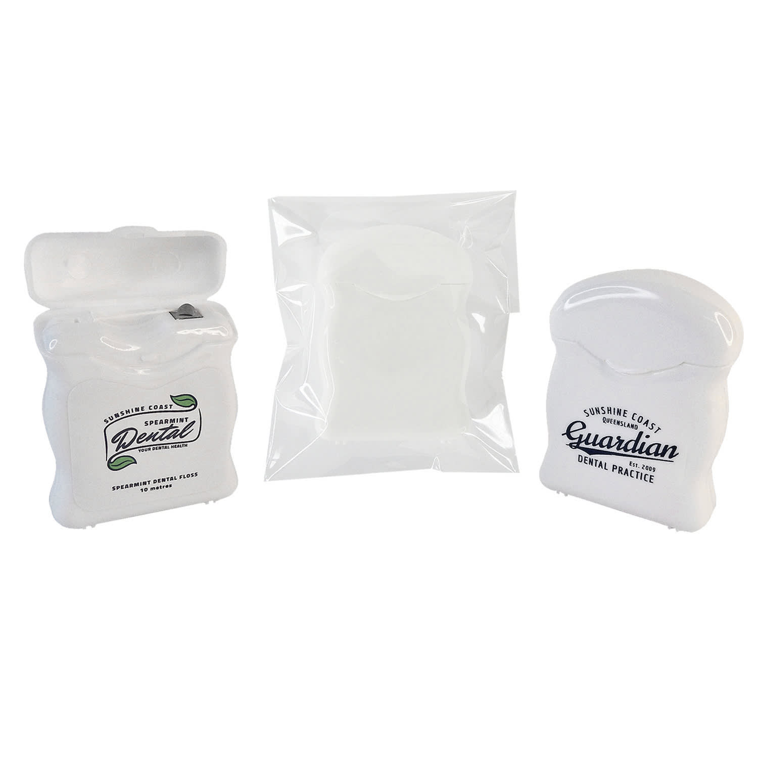 A white dental floss keychain in a portable container, packaged with a transparent wrapper. It includes branding. Dental Floss Keychain - Image 1