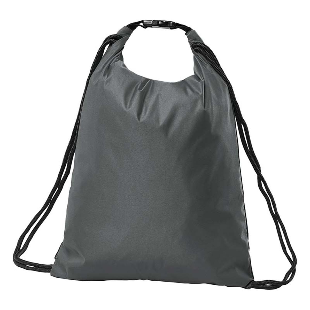 A grey drawstring bag with black straps, featuring a simple design and a logo. Hapuna Cinch Bag - Image 1