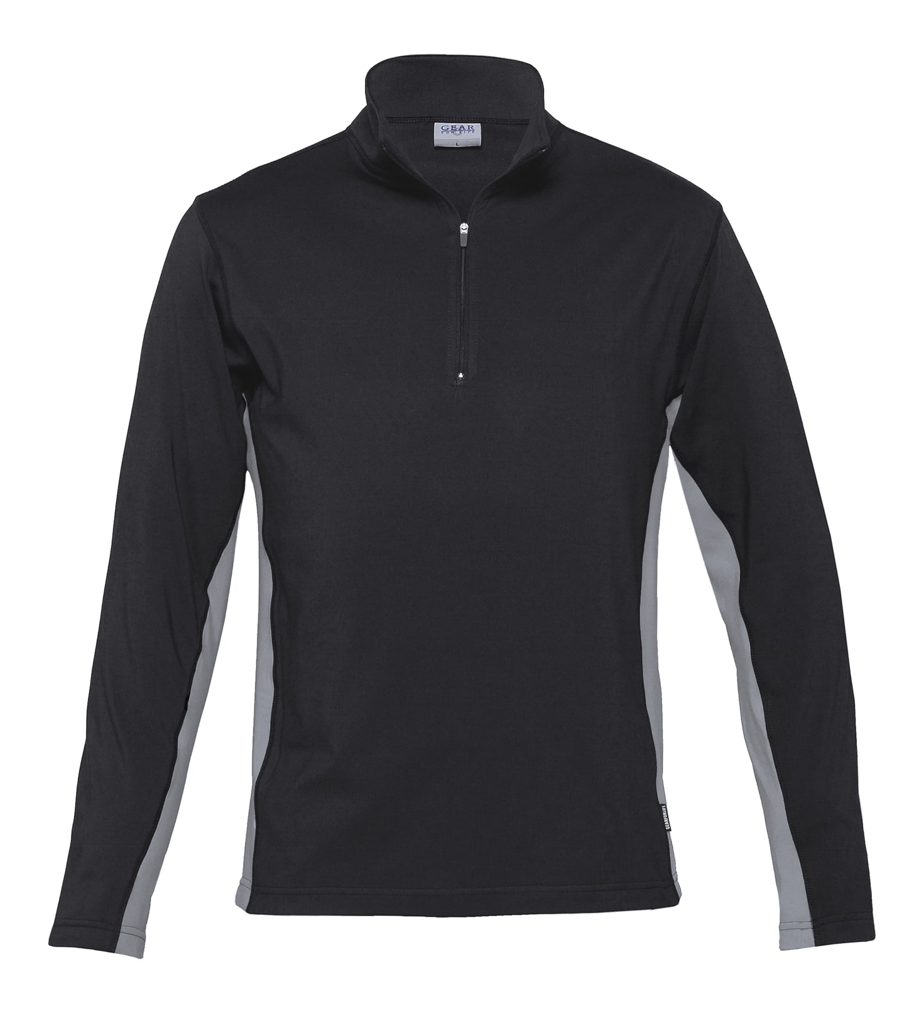A black long-sleeve shirt with grey side accents and a zippered collar, featuring a logo on the chest. Transition Top - Image 1