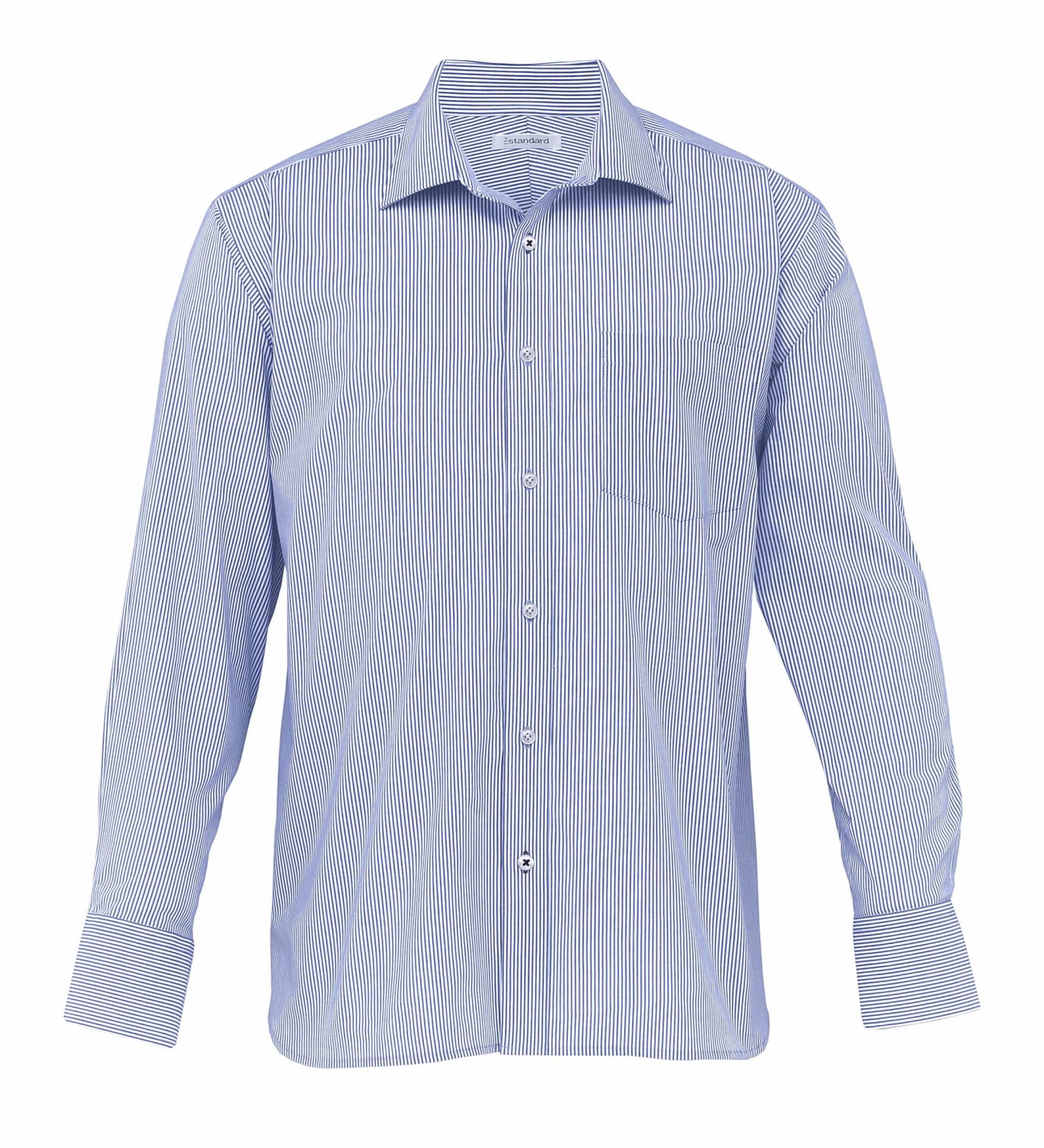 A blue and white striped button-up shirt with a pocket and a logo on the chest. The Yale Stripe Shirt - Mens - Image 1