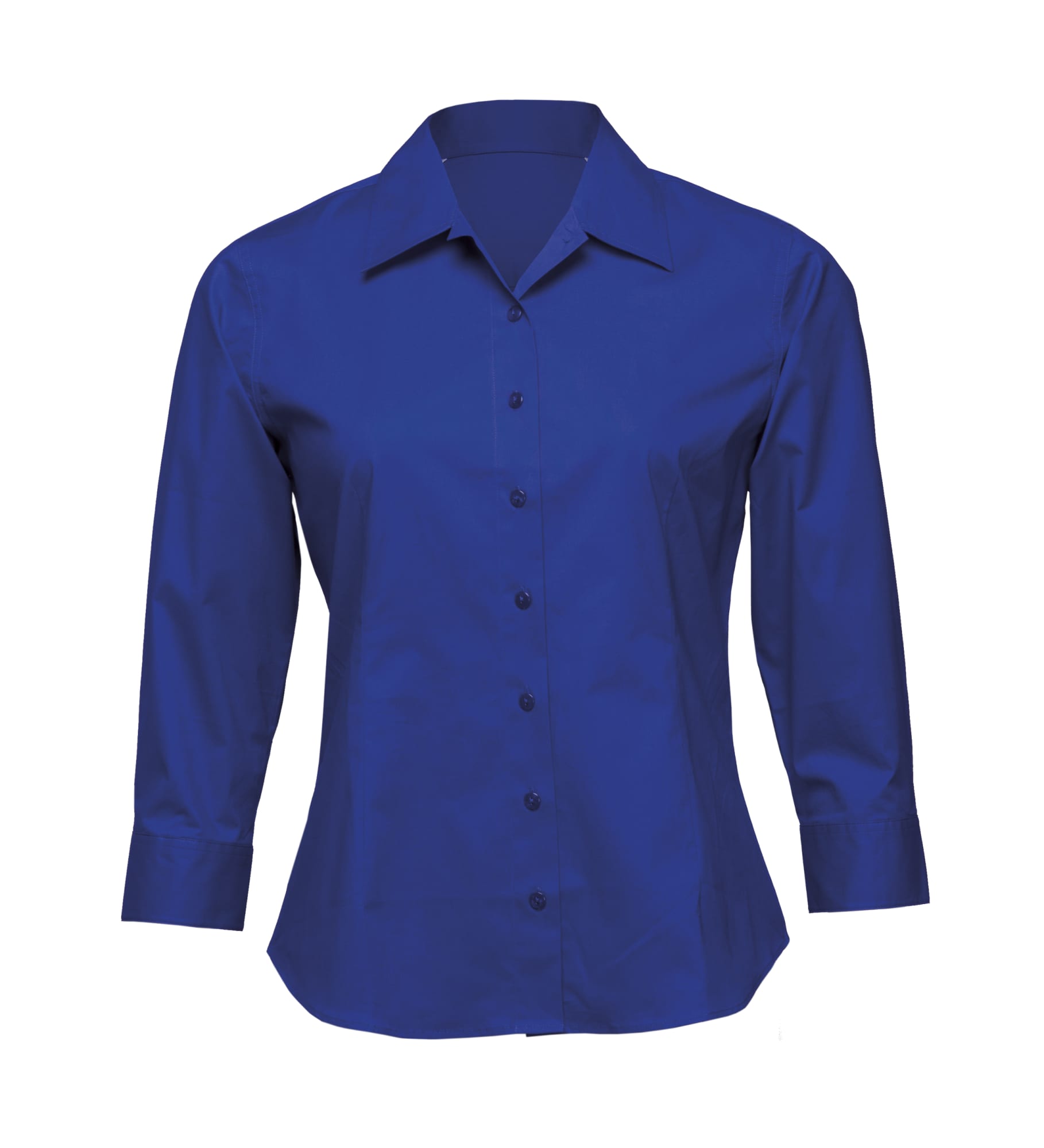 A fitted blouse in bright blue, featuring a button-up design and long sleeves. It has a collar and subtle branding. Womens Stretch Fitted Blouse - Image 1