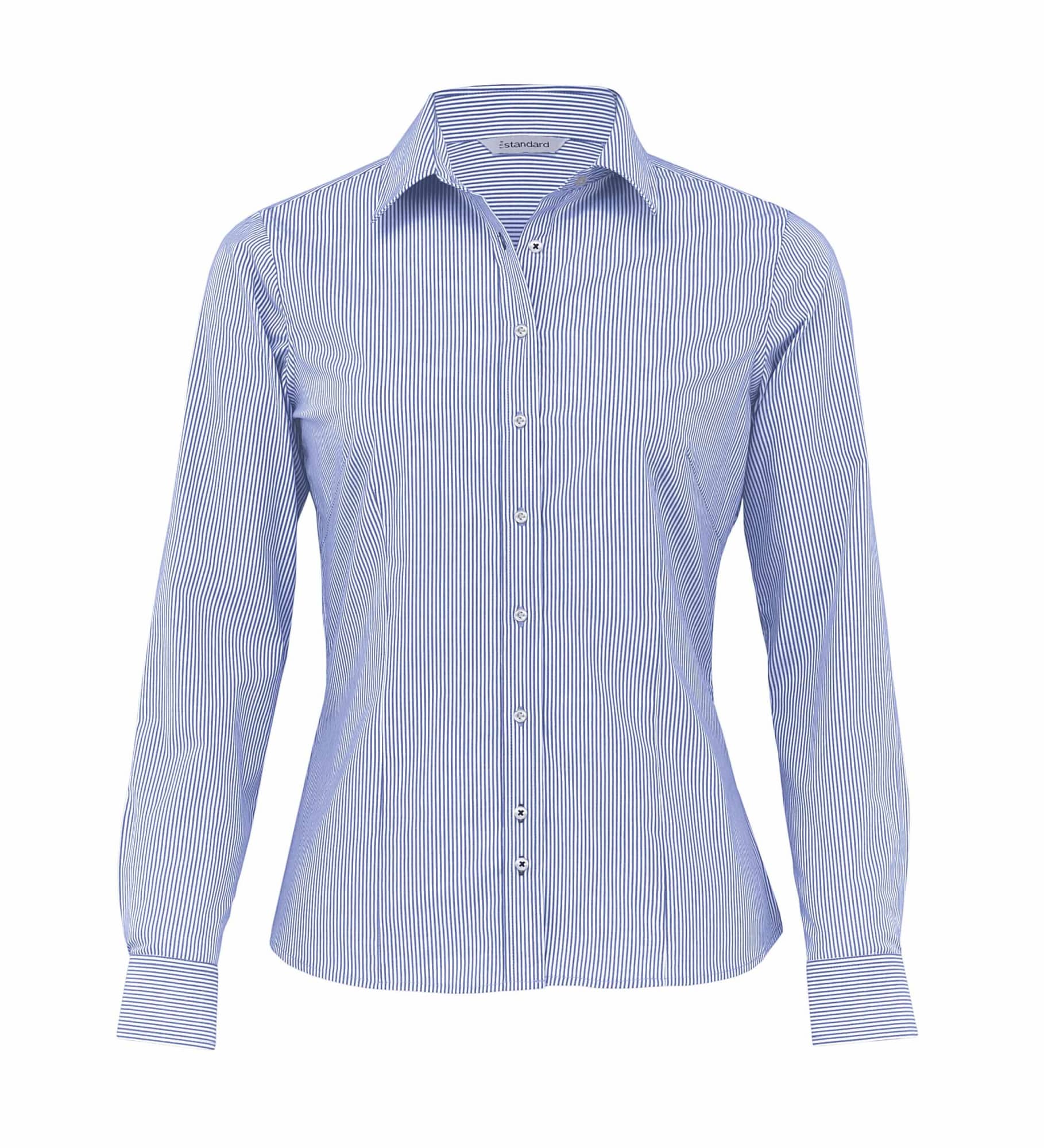 A button-up women's shirt with blue and white stripes, featuring a collar and long sleeves. It has a logo on the label. The Yale Stripe Shirt - Womens - Image 1