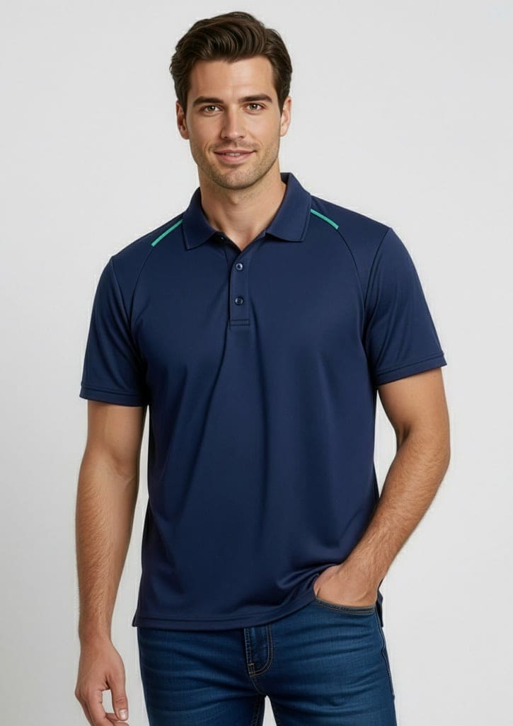 A navy blue men's short sleeve polo shirt with a subtle logo and green accents on the shoulder. Mens Academy Short Sleeve Polo - Image 1