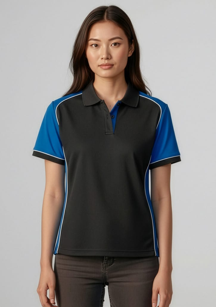 A women's polo shirt featuring short sleeves, in black with blue accents and a logo. Womens Nitro Short Sleeve Polo - Image 1