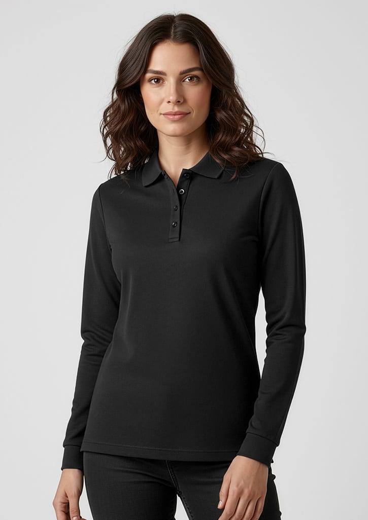 A black long sleeve polo shirt for women featuring a collar and button placket, with a logo on the left side. Womens Action Long Sleeve Polo - Image 1
