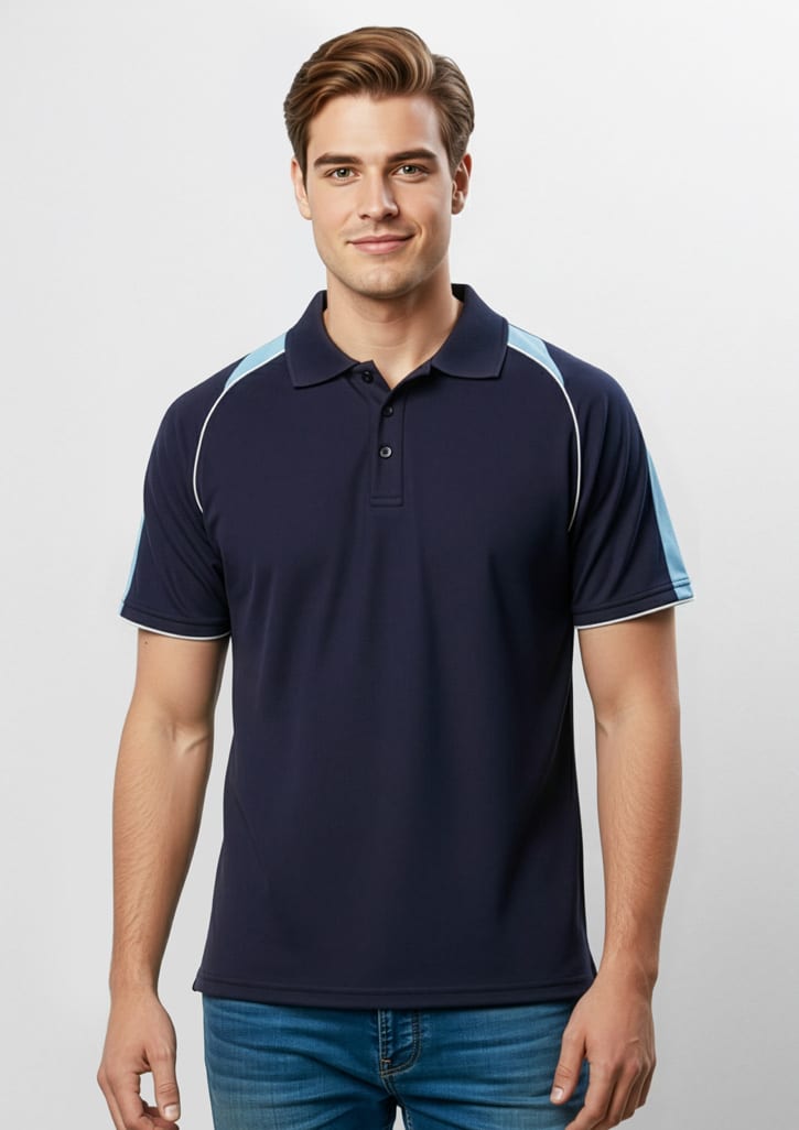 A navy blue men's polo shirt with light blue accents, featuring short sleeves and a collar. There is a logo on the chest. Mens Triton Short Sleeve Polo - Image 1