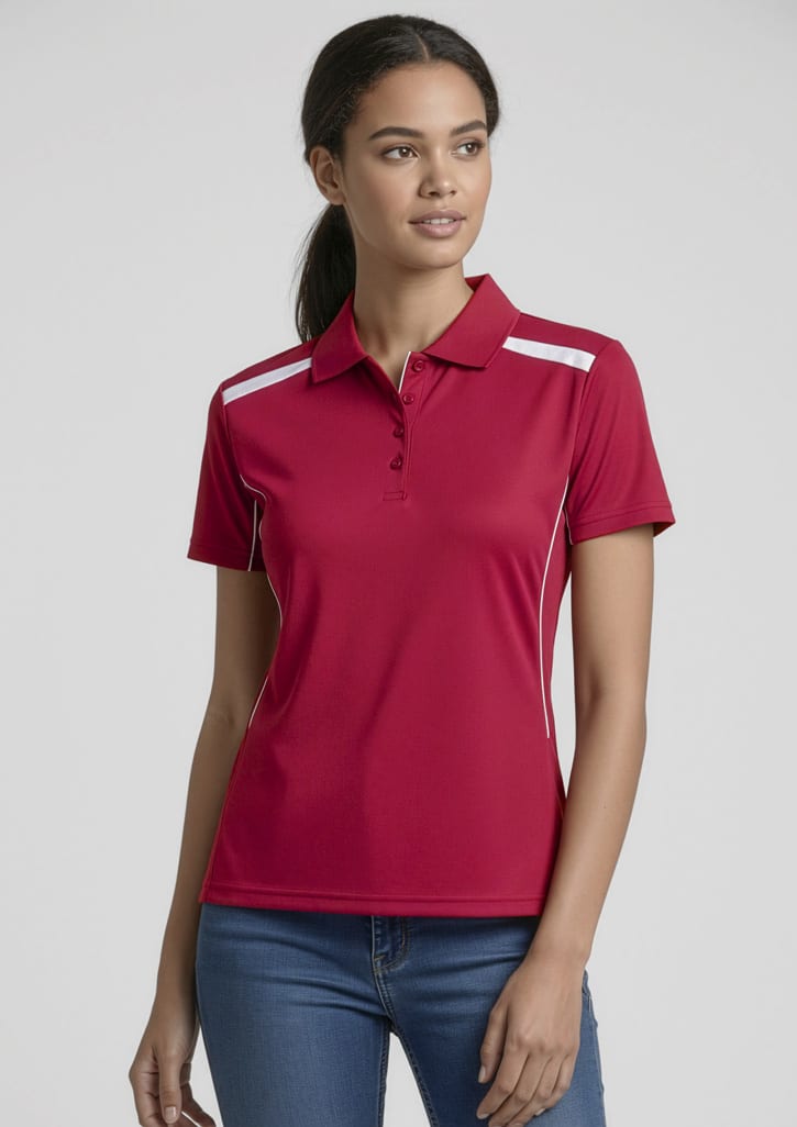 A red women's short sleeve polo shirt featuring white accents and a logo. Womens United Short Sleeve Polo - Image 1