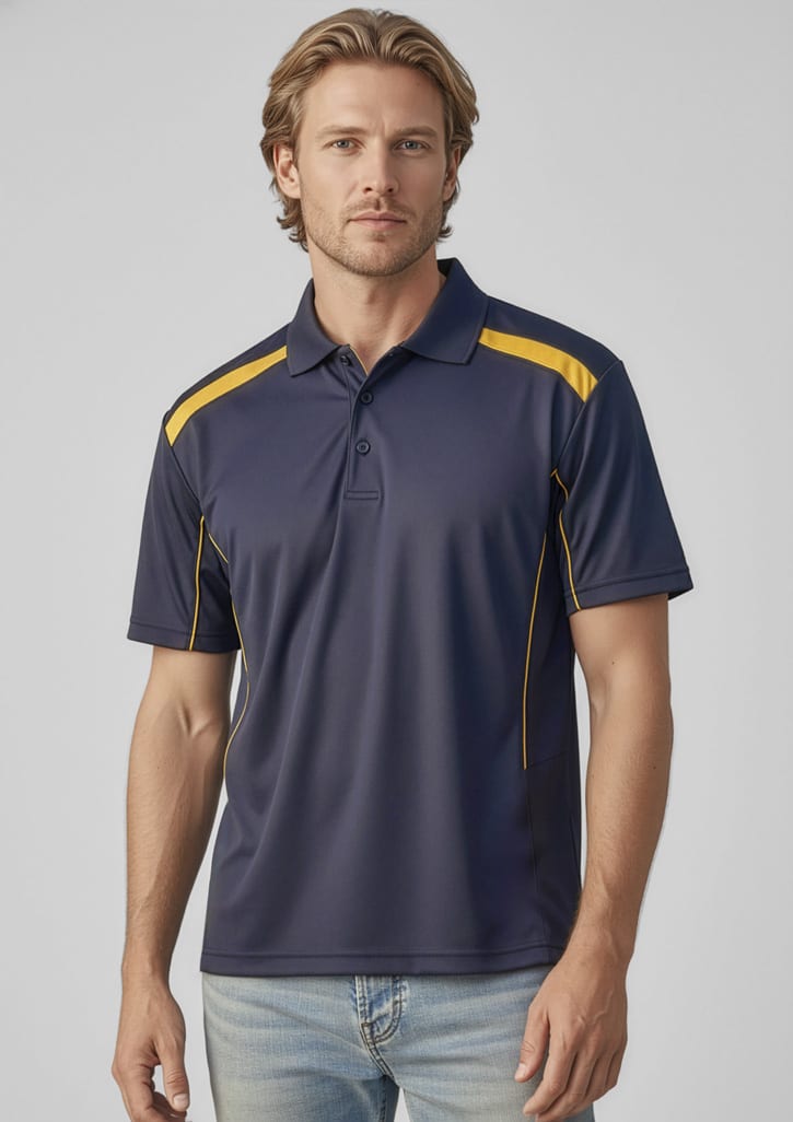 A navy blue men's short sleeve polo shirt with yellow accents and a logo. Mens United Short Sleeve Polo - Image 1