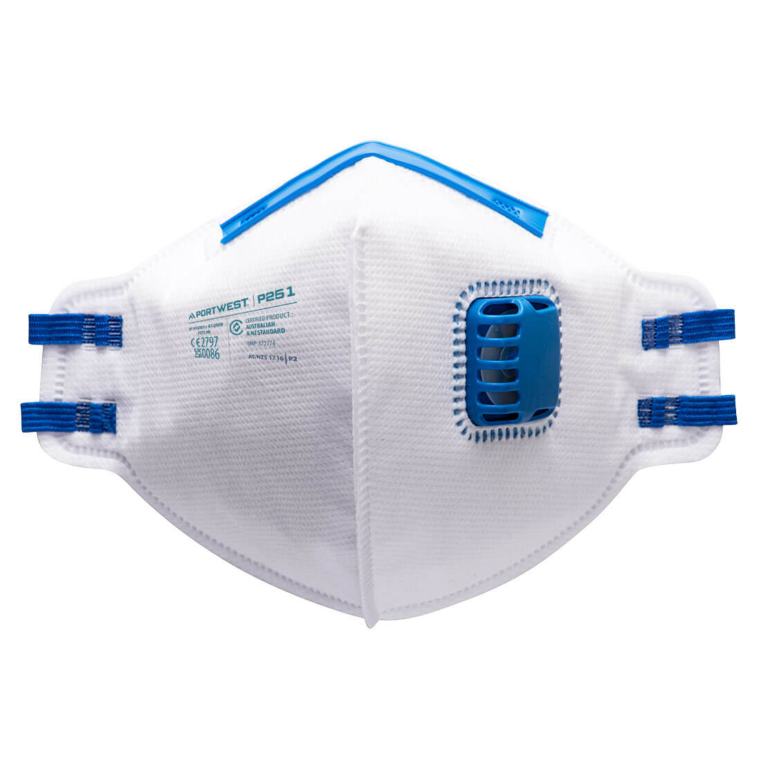 A white respirator with blue accents, featuring a ventilation valve and elastic ear straps. Includes a logo. FFP2 Valved Dust Mist Fold Flat Respirator (Pk20) - Image 1