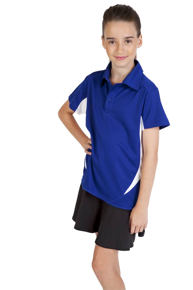 A girl wearing a blue polyester polo shirt with white accents, standing confidently with her hands on her hips. Kid's Accelerator Polyester Polo - Image 1