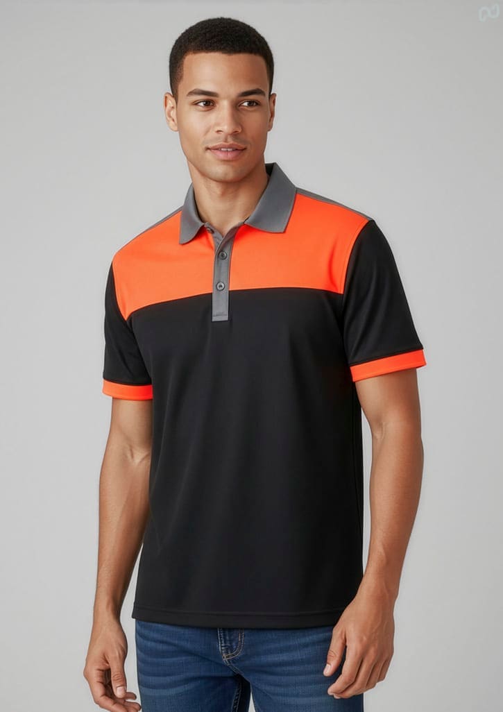 A men's short sleeve polo shirt featuring a bright orange and black design with a grey collar and branding. Mens Charger Short Sleeve Polo - Image 1