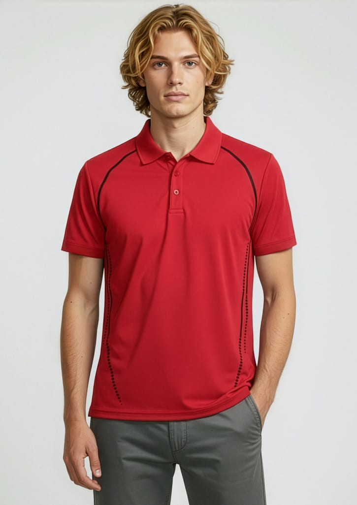 A red short sleeve polo shirt with black accents and a branded logo. Model stands confidently wearing it. Mens Cyber Short Sleeve Polo - Image 1